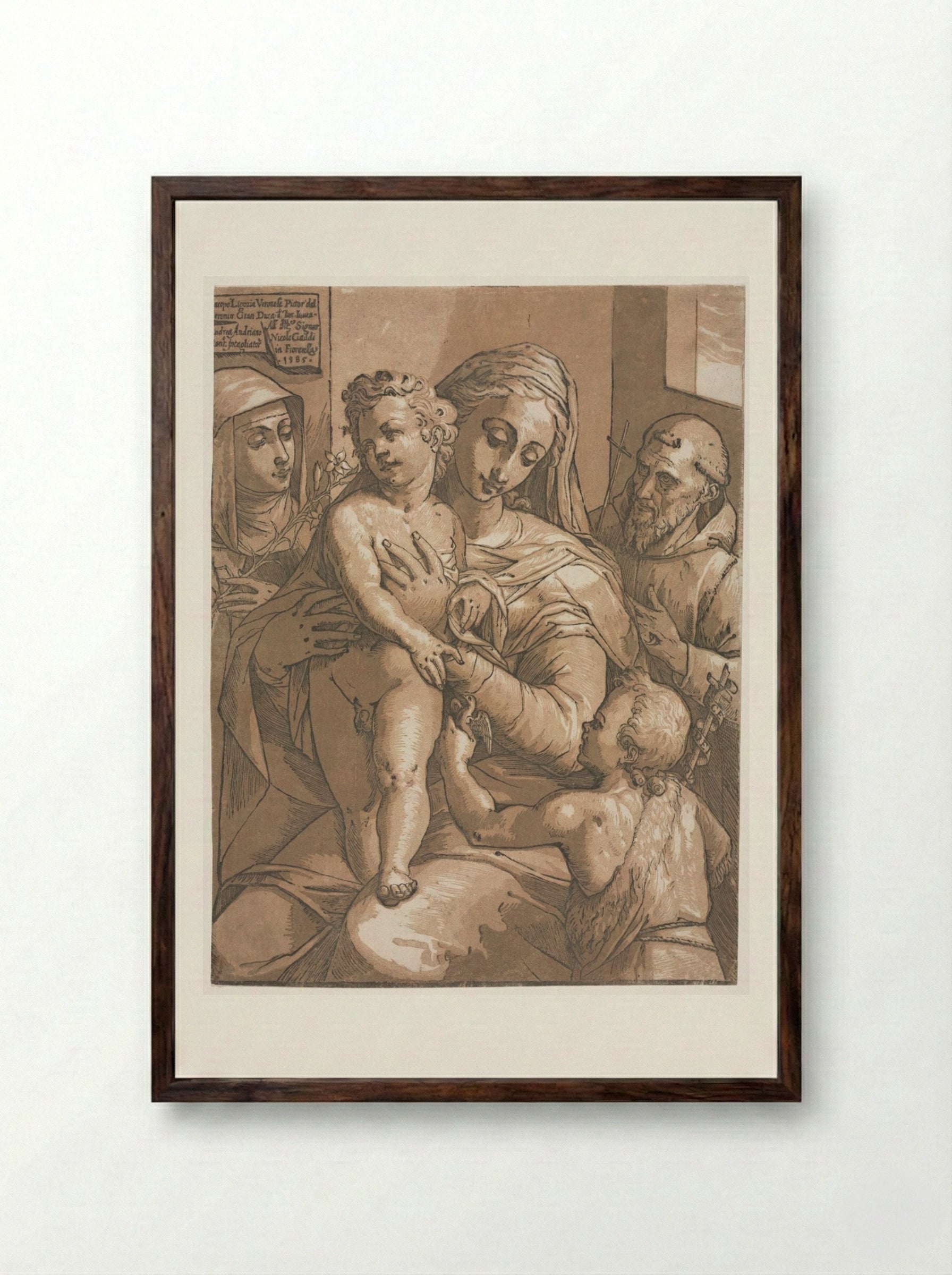 Virgin and Child with St. John, St. Catherine of Siena and St. Francis - Andrea Andreani - Framed Print Dark Wood