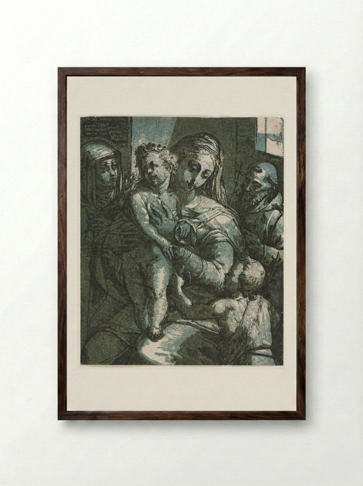 Virgin and Child with St. John, St. Catherine of Siena and Saint Francis - Andrea Andreani - Framed Print Dark Wood