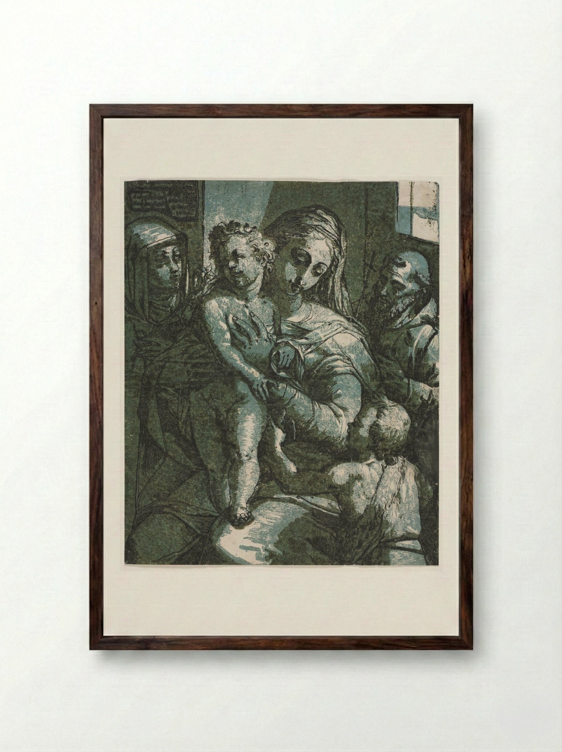 Virgin and Child with St. John, St. Catherine of Siena and Saint Francis - Andrea Andreani - Framed Print Dark Wood