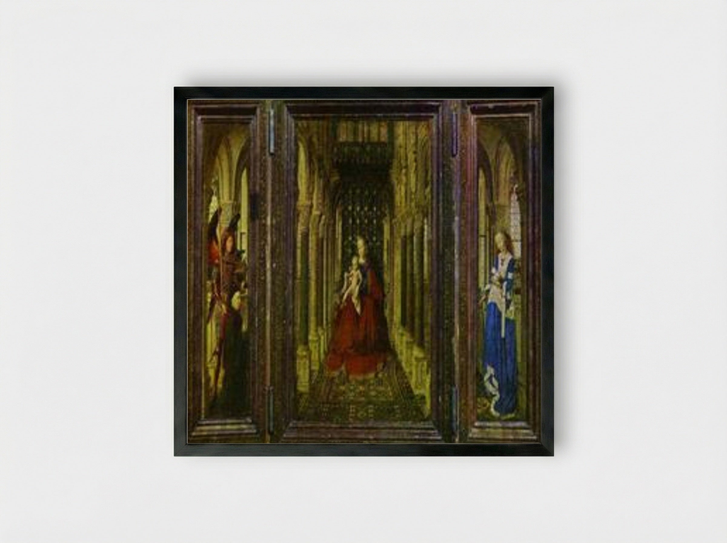 Virgin and Child with St. Michael, St. Catherine and a Donor - Jan van Eyck - Framed Print Black