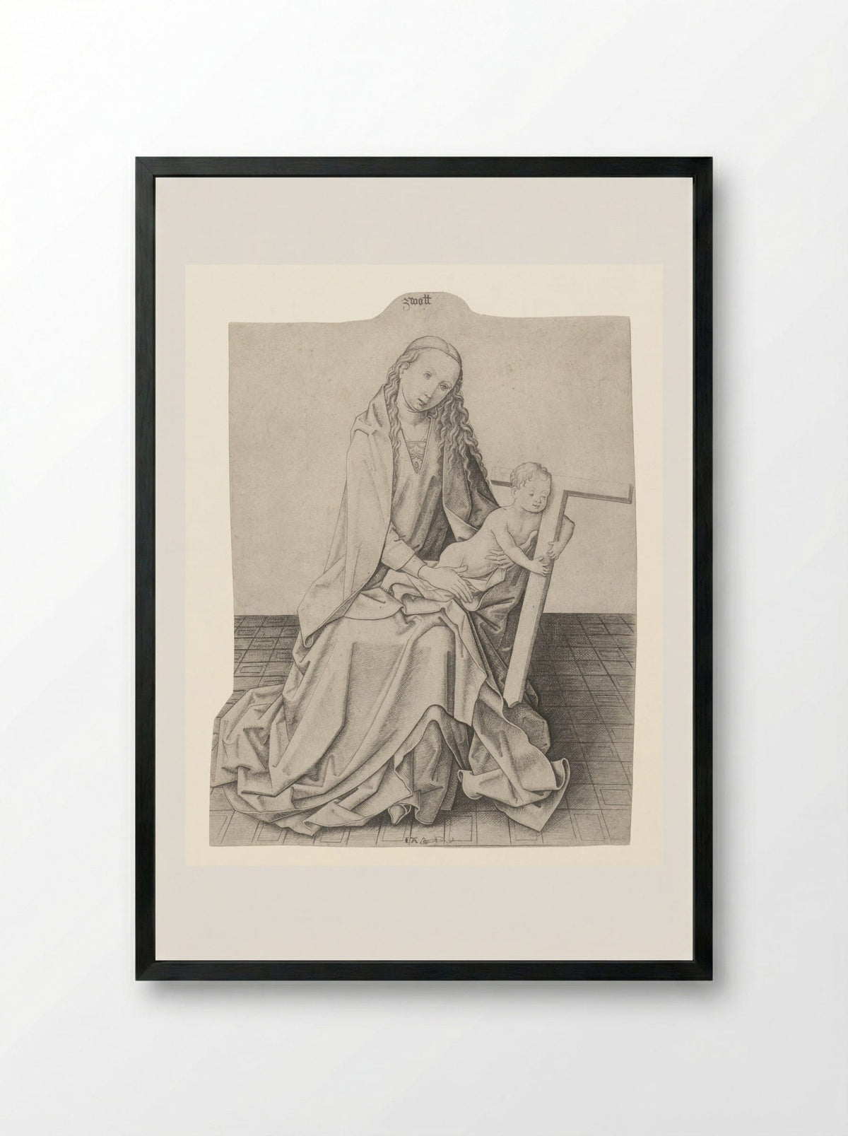 Virgin and Child with a Cross - Meester IAM van Zwoll - Framed Print Black