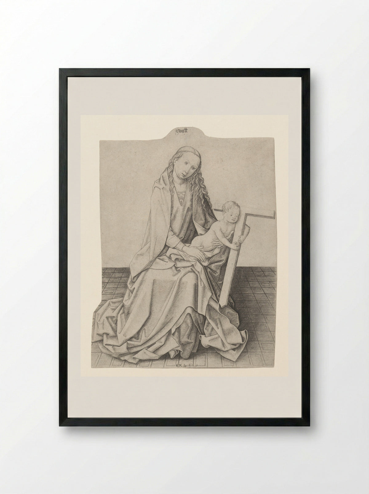 Virgin and Child with a Cross - Meester IAM van Zwoll - Framed Print Black