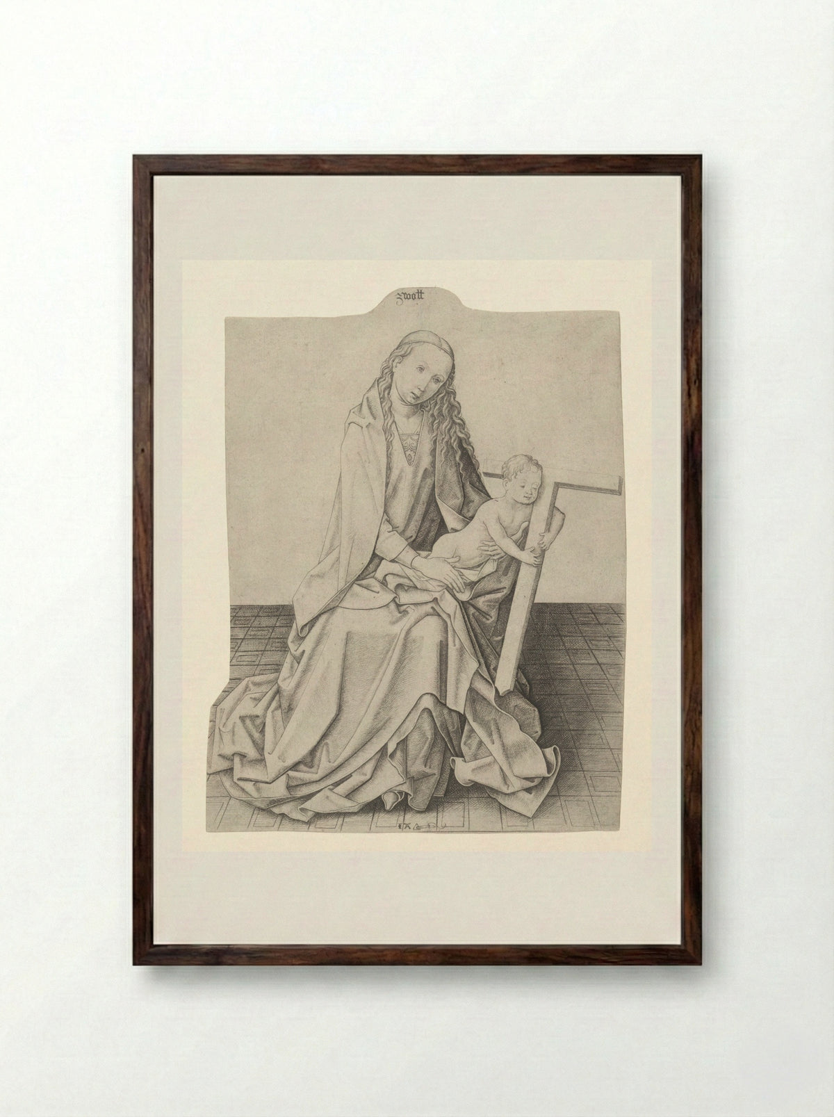 Virgin and Child with a Cross - Meester IAM van Zwoll - Framed Print Dark Wood