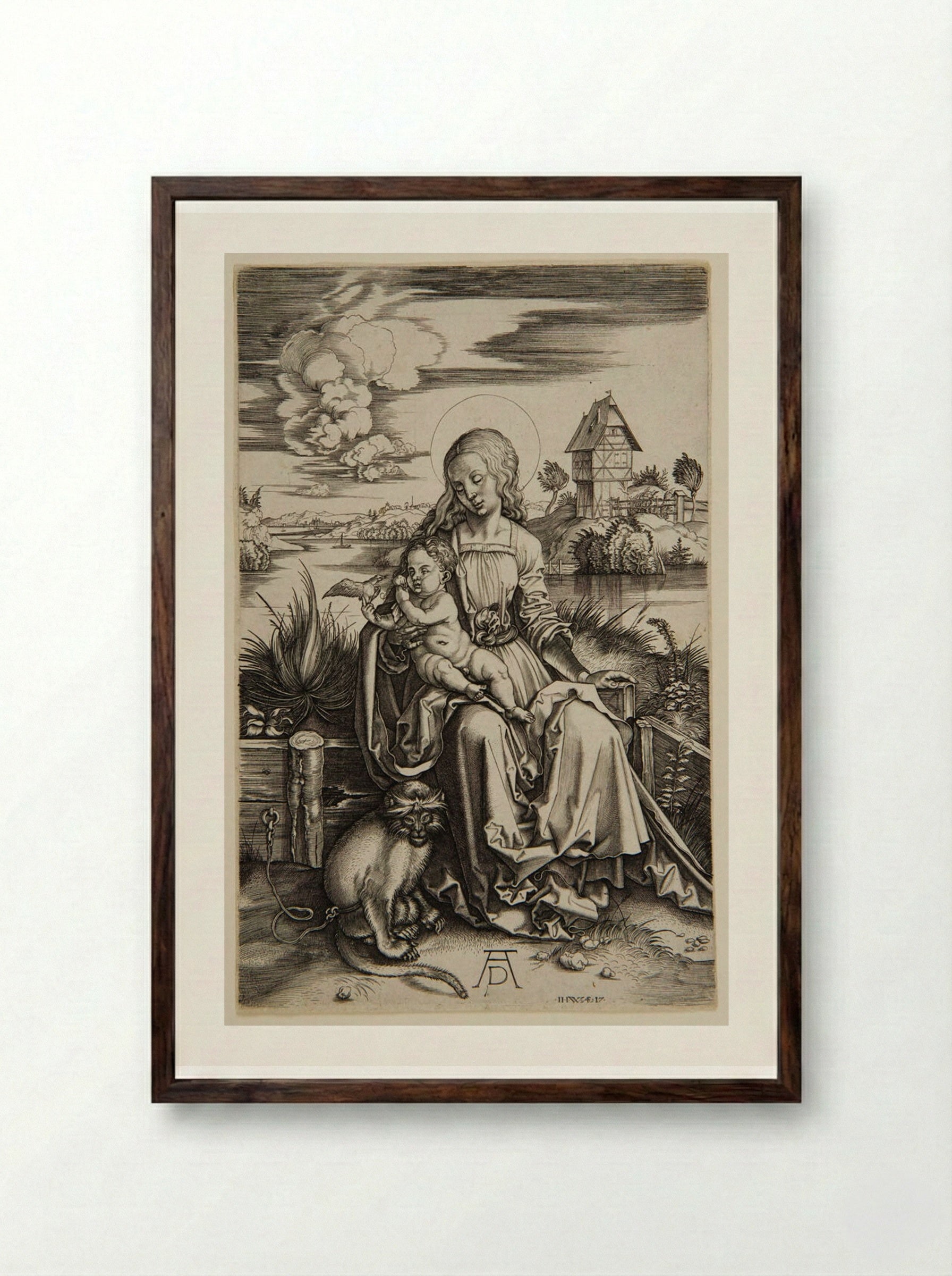 Virgin and Child with a Monkey - Hieronymus Wierix - Framed Print Dark Wood