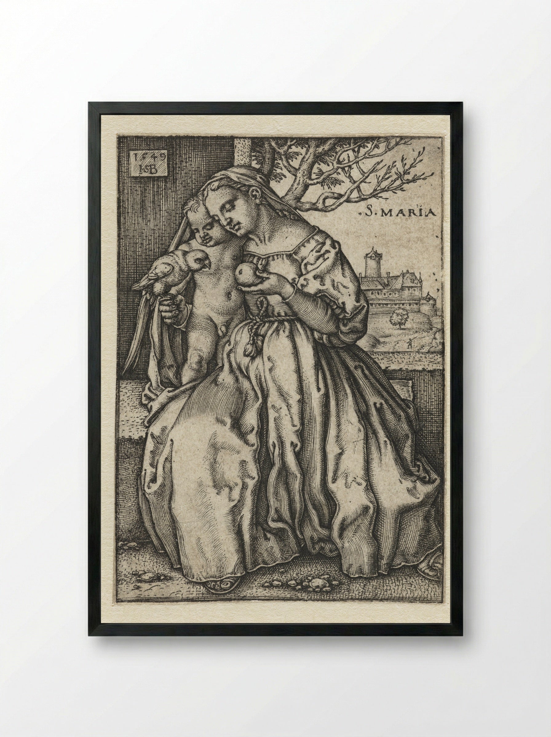 Virgin and Child with a Parrot and a Pear - Hans Sebald Beham - Framed Print Black