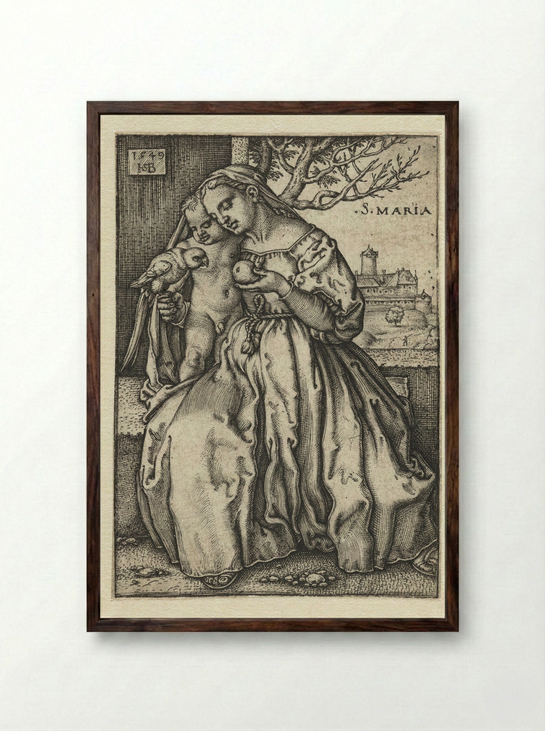 Virgin and Child with a Parrot and a Pear - Hans Sebald Beham - Framed Print Dark Wood