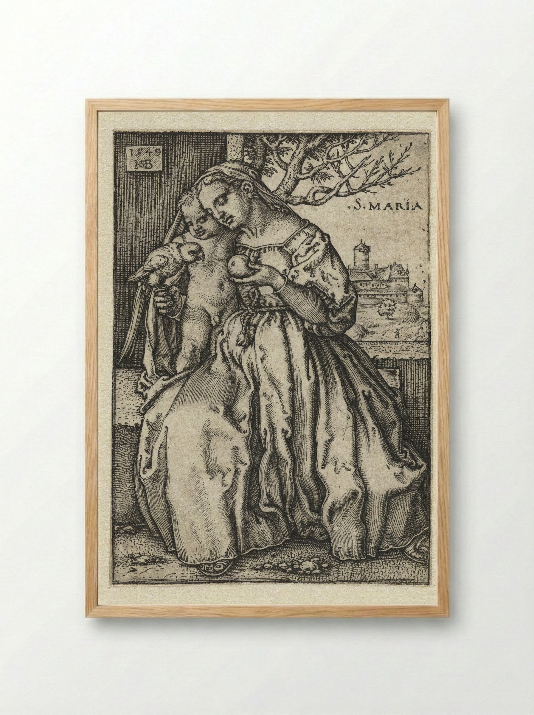 Virgin and Child with a Parrot and a Pear - Hans Sebald Beham - Framed Print Wood