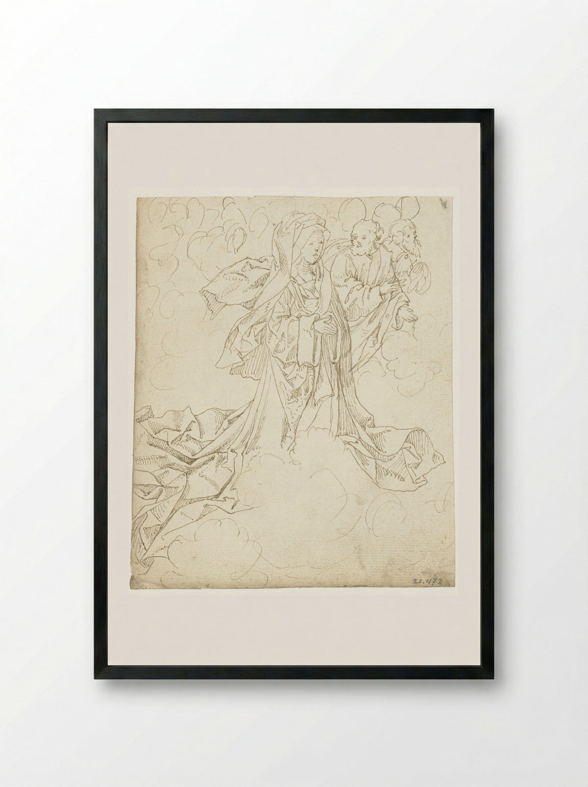 Virgin and Two Saints Among Clouds - Master of the Berlin Sketchbook - Framed Print Black
