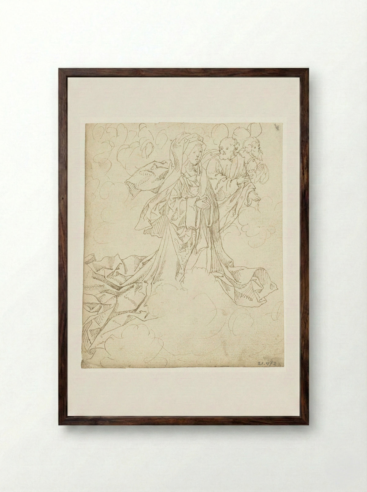 Virgin and Two Saints Among Clouds - Master of the Berlin Sketchbook - Framed Print Dark Wood