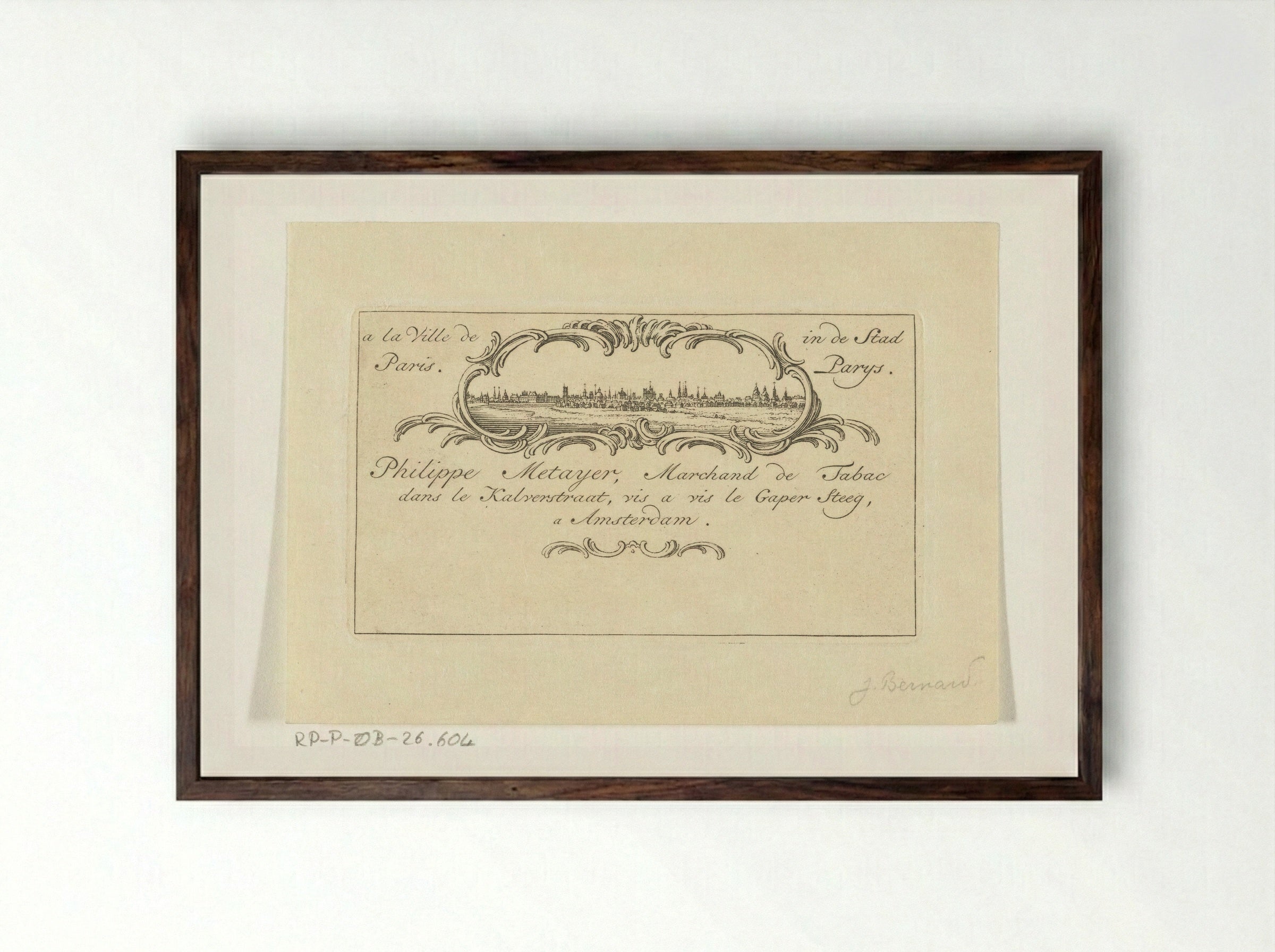 Visitekaart van Philippe Metayer, tabakshandelaar - Jean Bernard - Framed Print Dark Wood