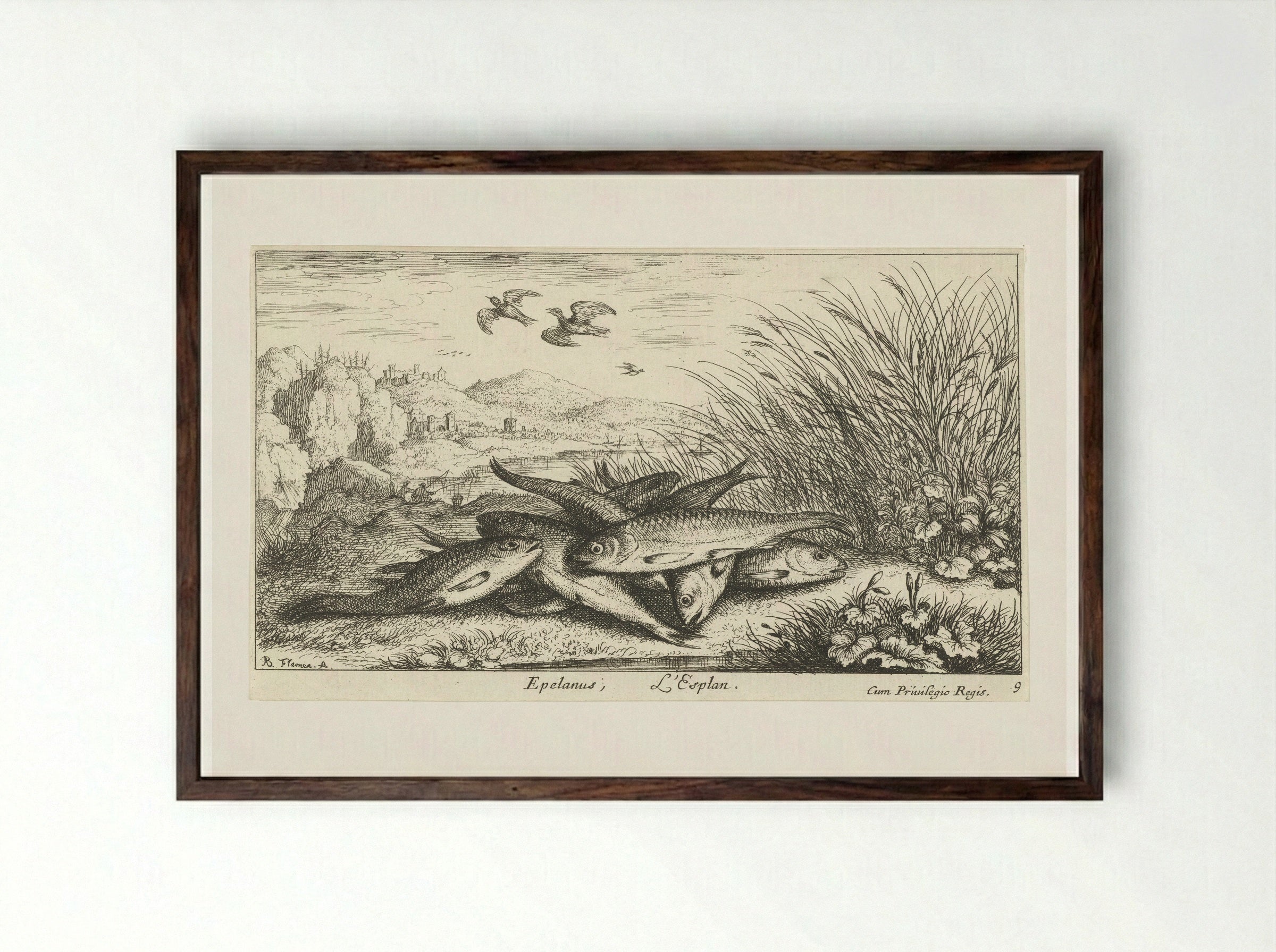 Vissen op een rivieroever (Fishing on a Riverbank) - Jacques van Merlen - Framed Print Dark Wood