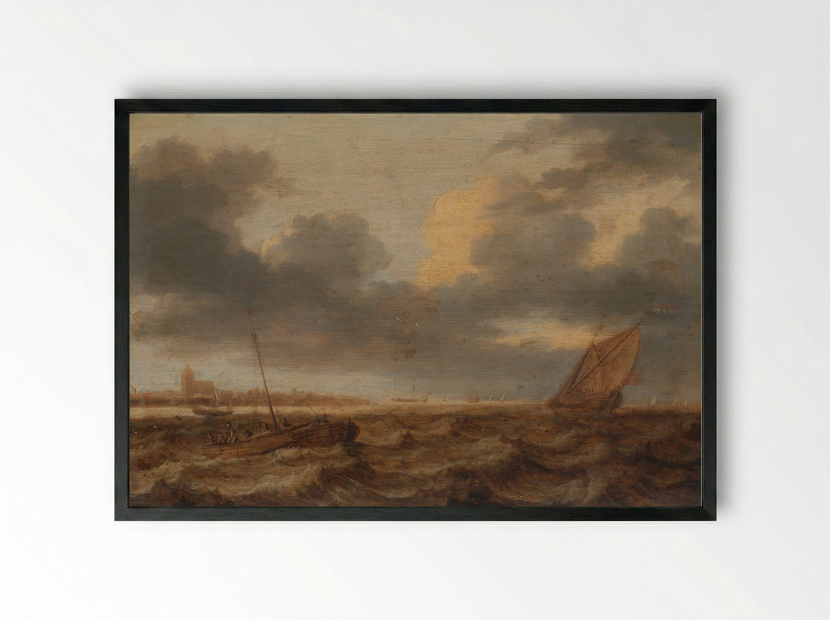 Vissersboten in onrustig water - Jan Porcellis - Framed Print Black
