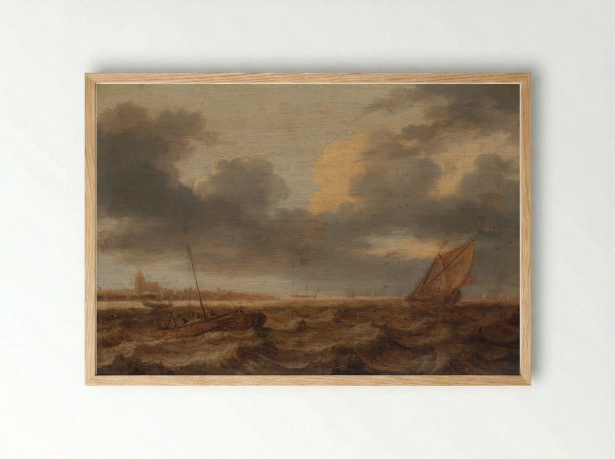 Vissersboten in onrustig water - Jan Porcellis - Framed Print Wood