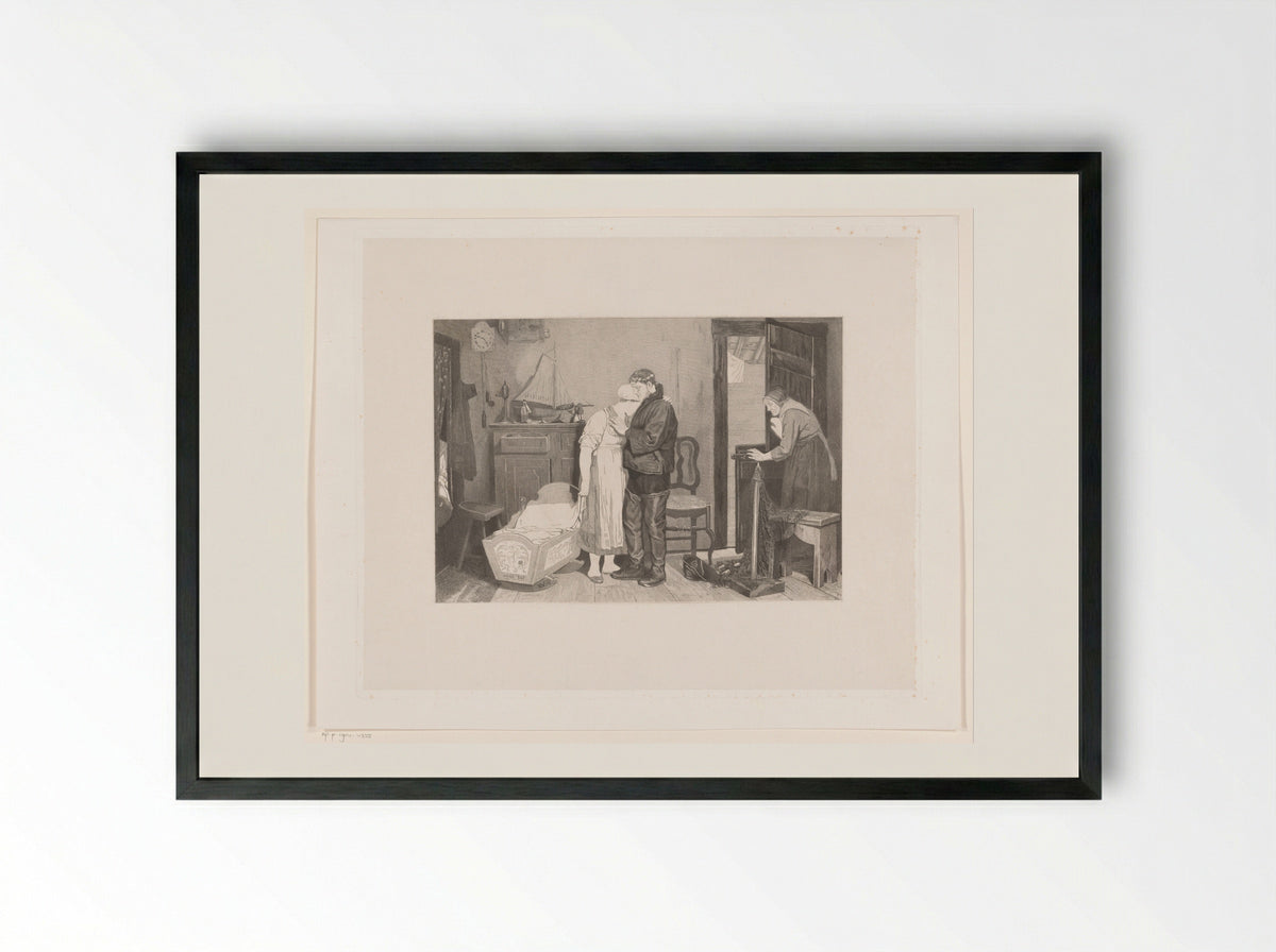 Vissersinterieur met treurend koppel bij een lege wieg - François de Meersman - Framed Print Black