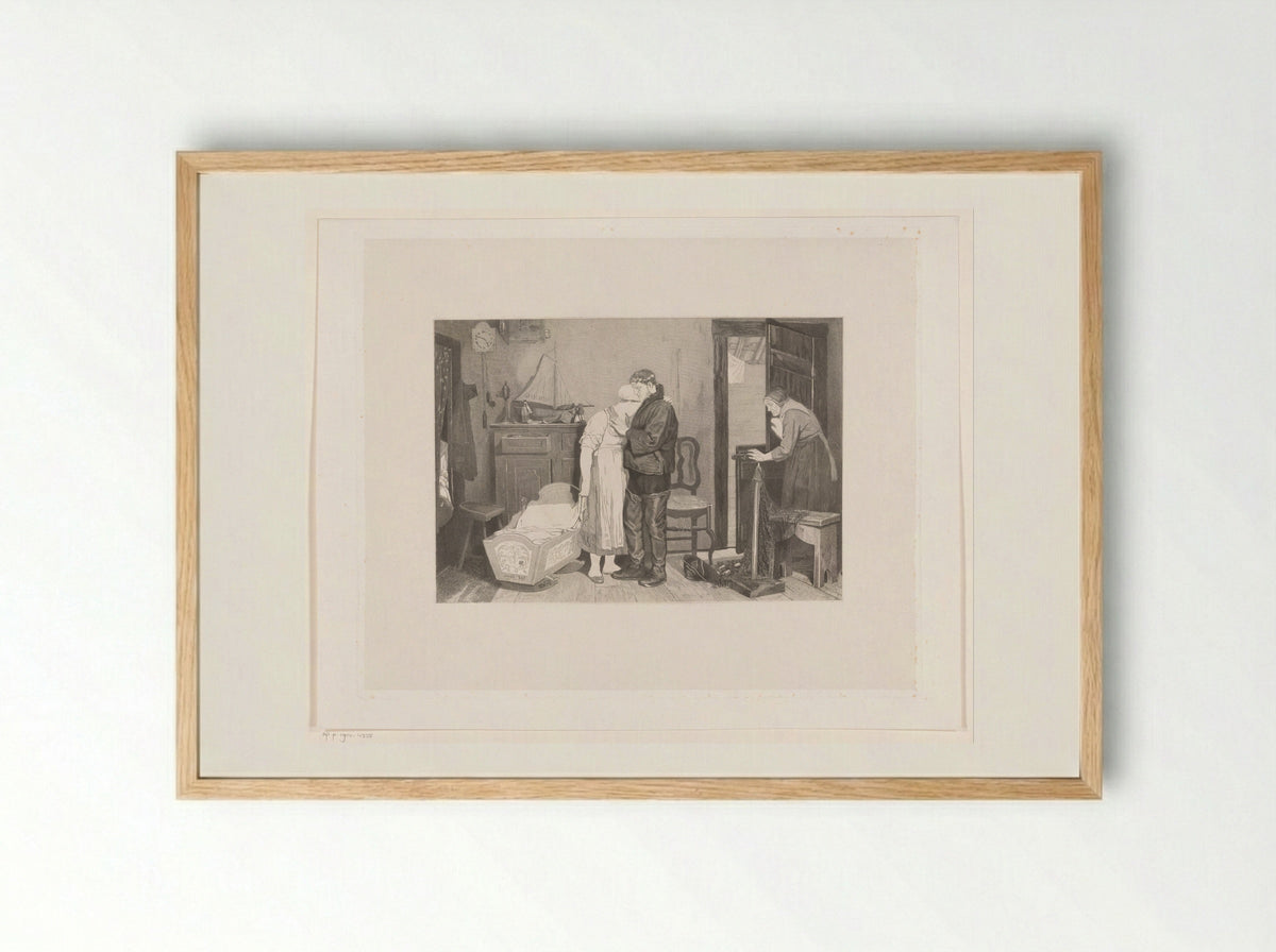 Vissersinterieur met treurend koppel bij een lege wieg - François de Meersman - Framed Print Wood