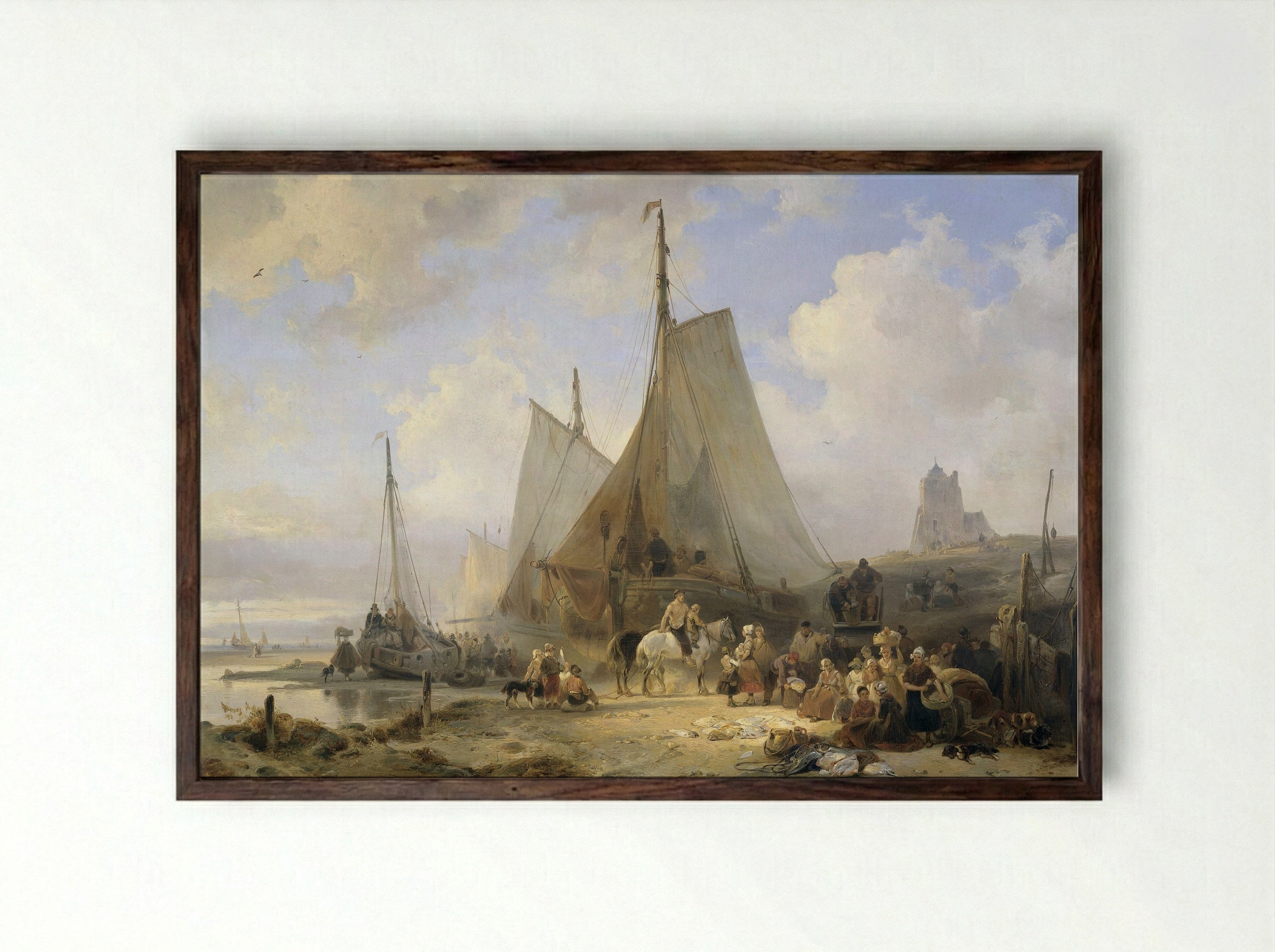 Vissersschepen op het strand met vissers en vrouwen die de vangst sorteren - Wijnand Nuijen - Framed Print Dark Wood