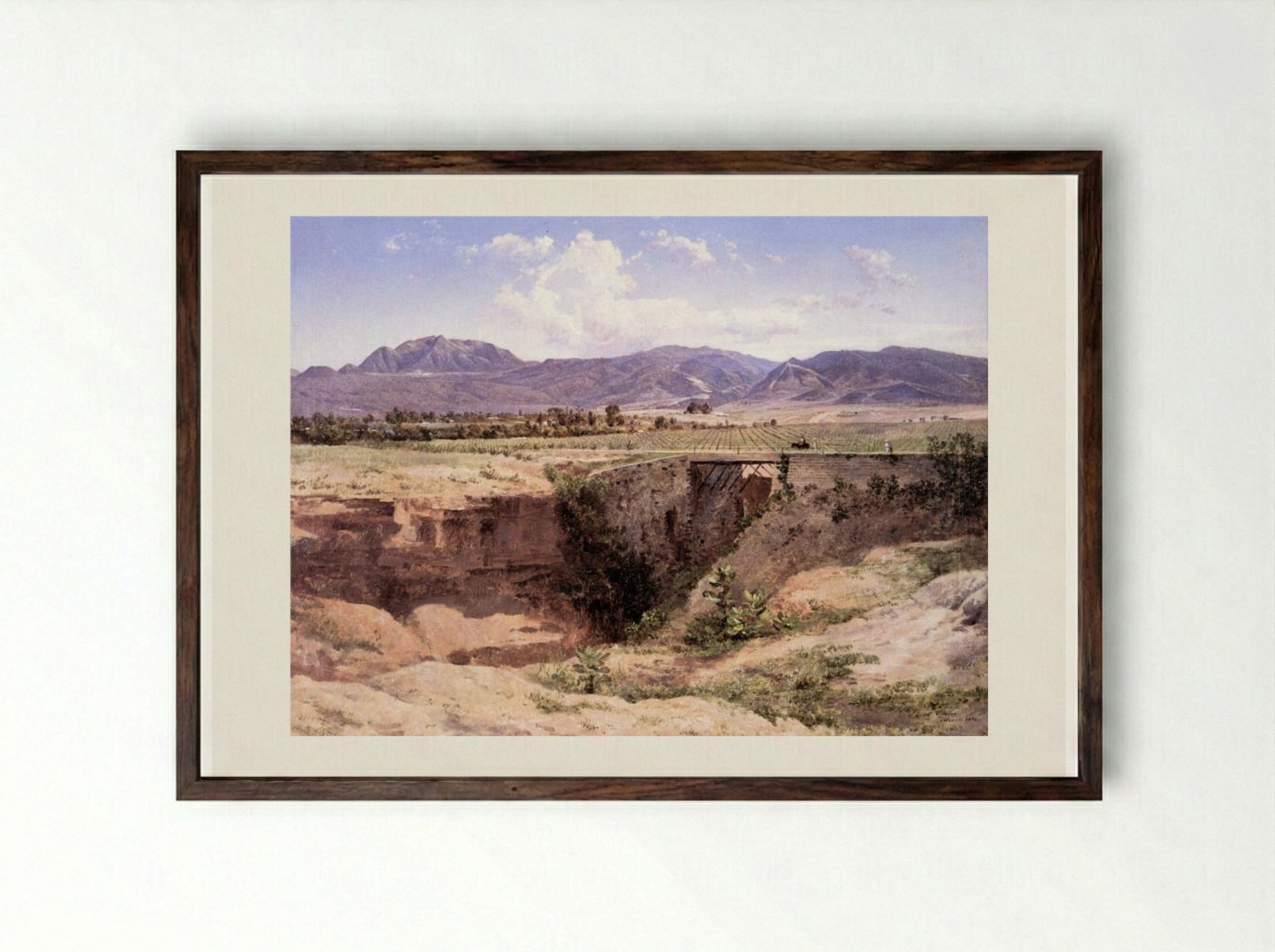 Vista de la montaña del Ajusco y pueblo de San Ángel, desde la Barranca del Muerto - José María Velasco - Framed Print Dark Wood