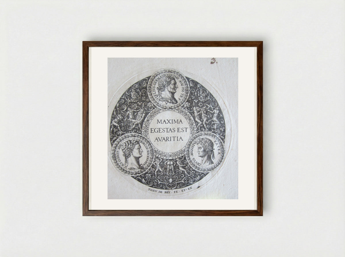 Vitellius, Domitian, and Augustus - Theodor de Bry - Framed Print Dark Wood