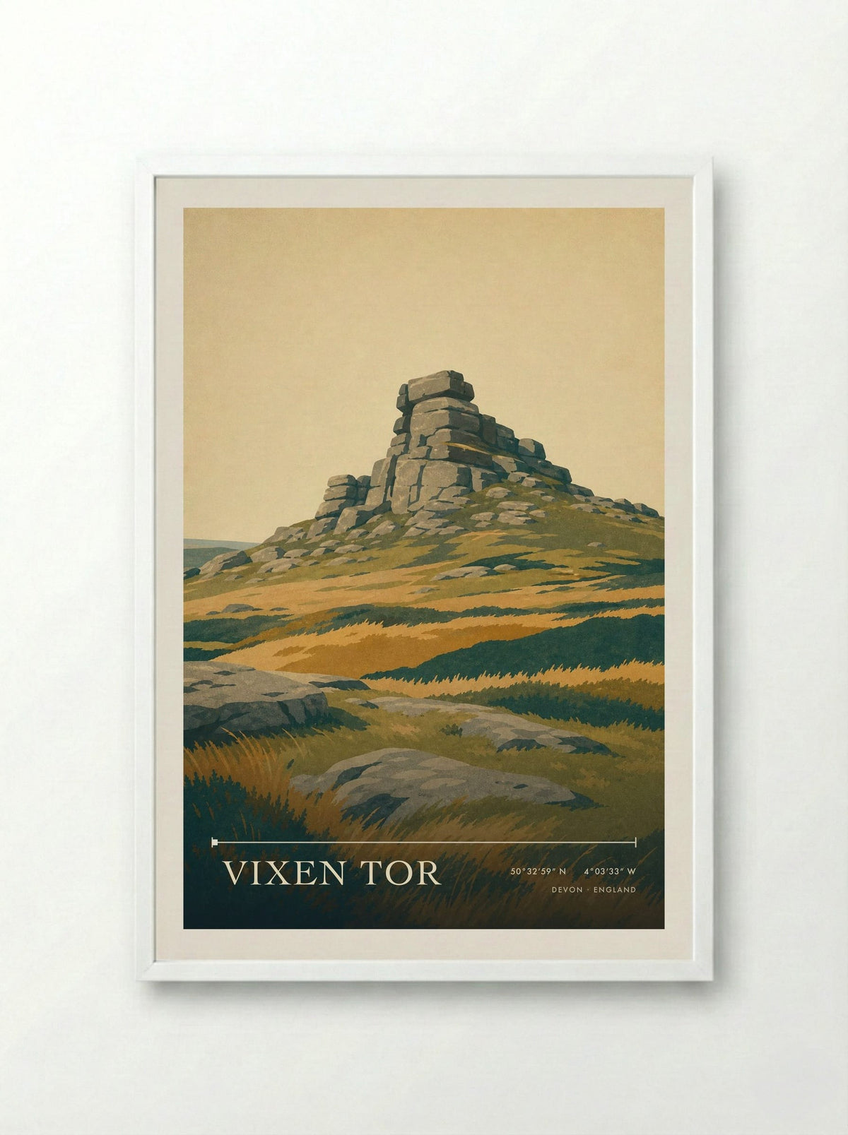 Vixen Tor Devon England Travel Poster - Framed Print White