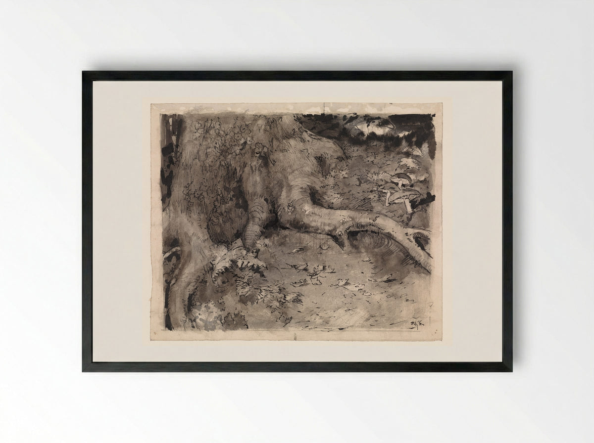 Voet van een boom met paddestoelen - Edzard Koning - Framed Print Black