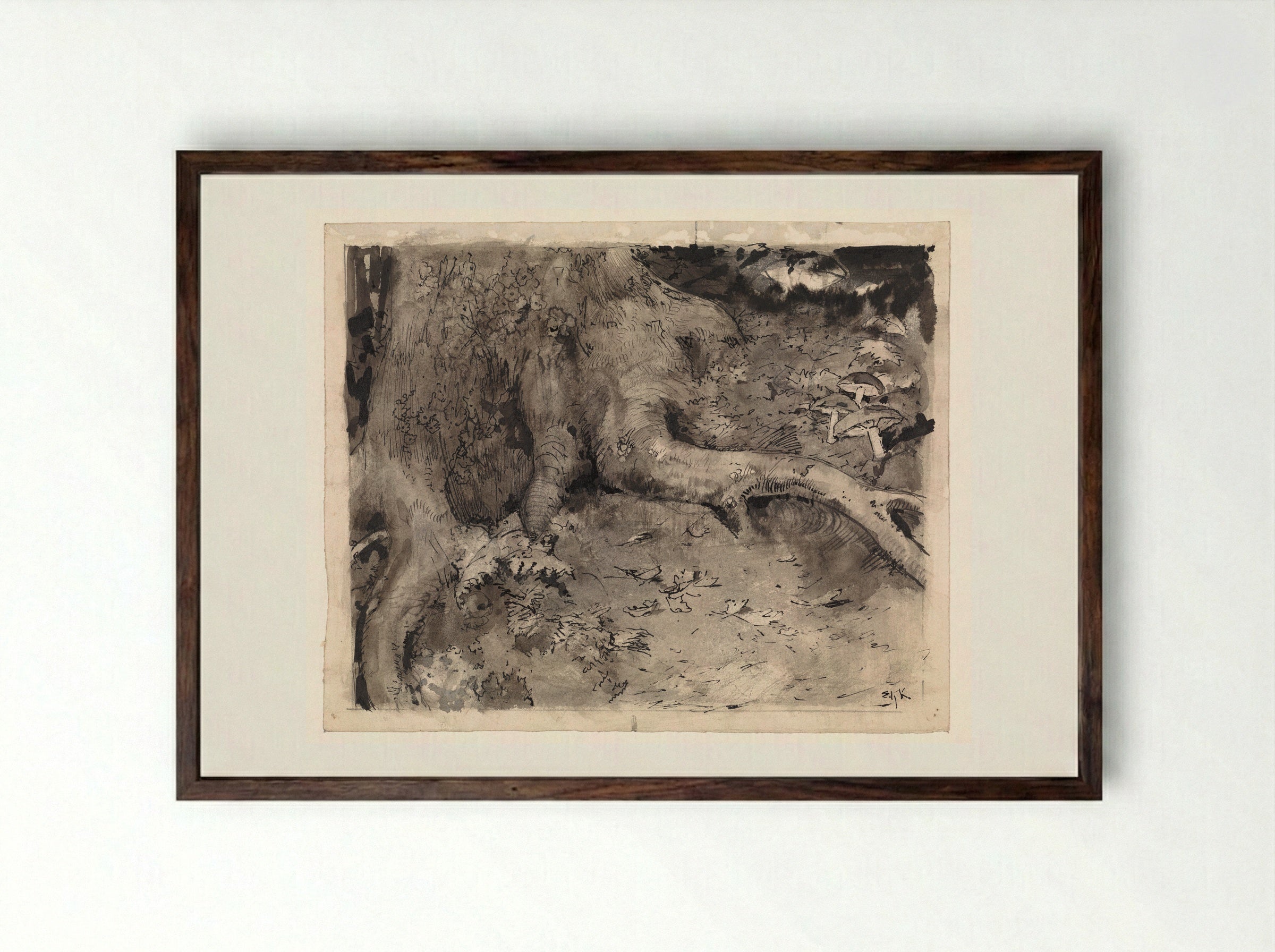 Voet van een boom met paddestoelen - Edzard Koning - Framed Print Dark Wood