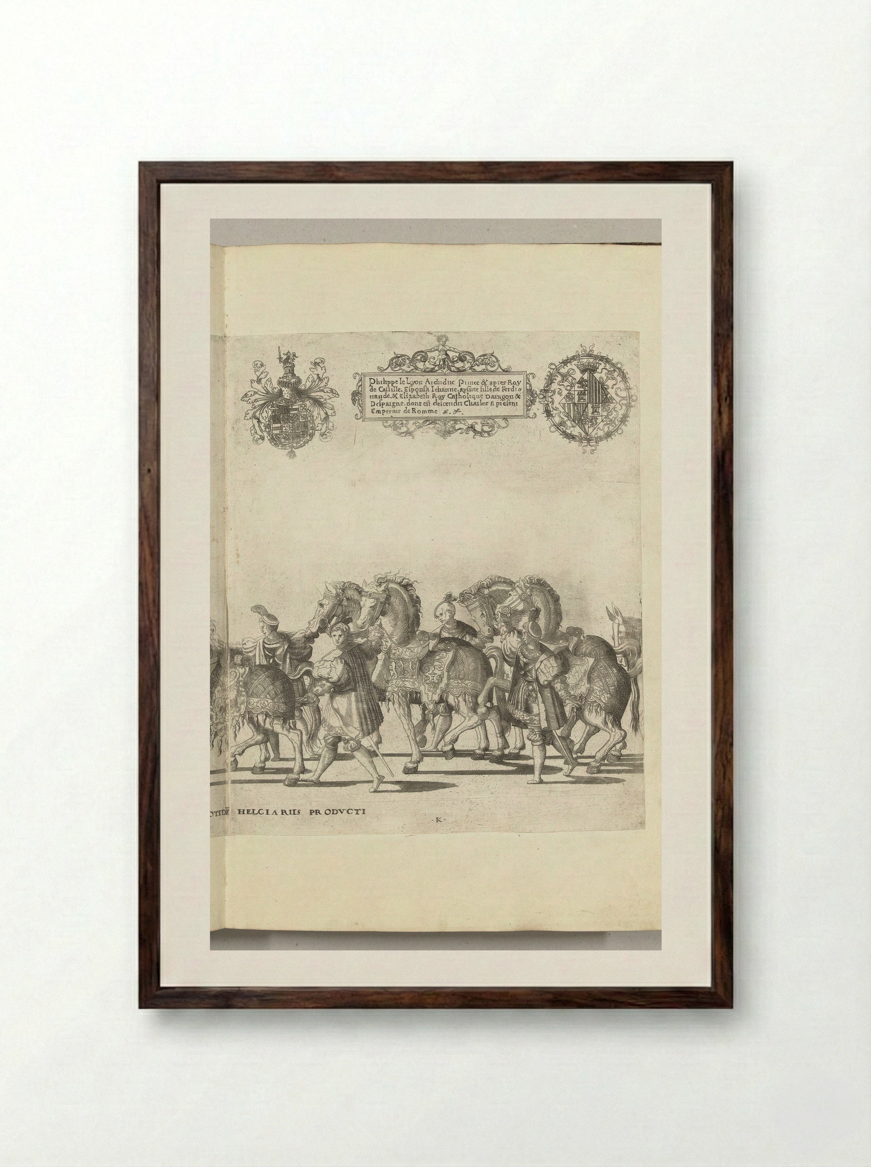 Voetknechten met paarden, plaat K - Nicolaas Hogenberg - Framed Print Dark Wood