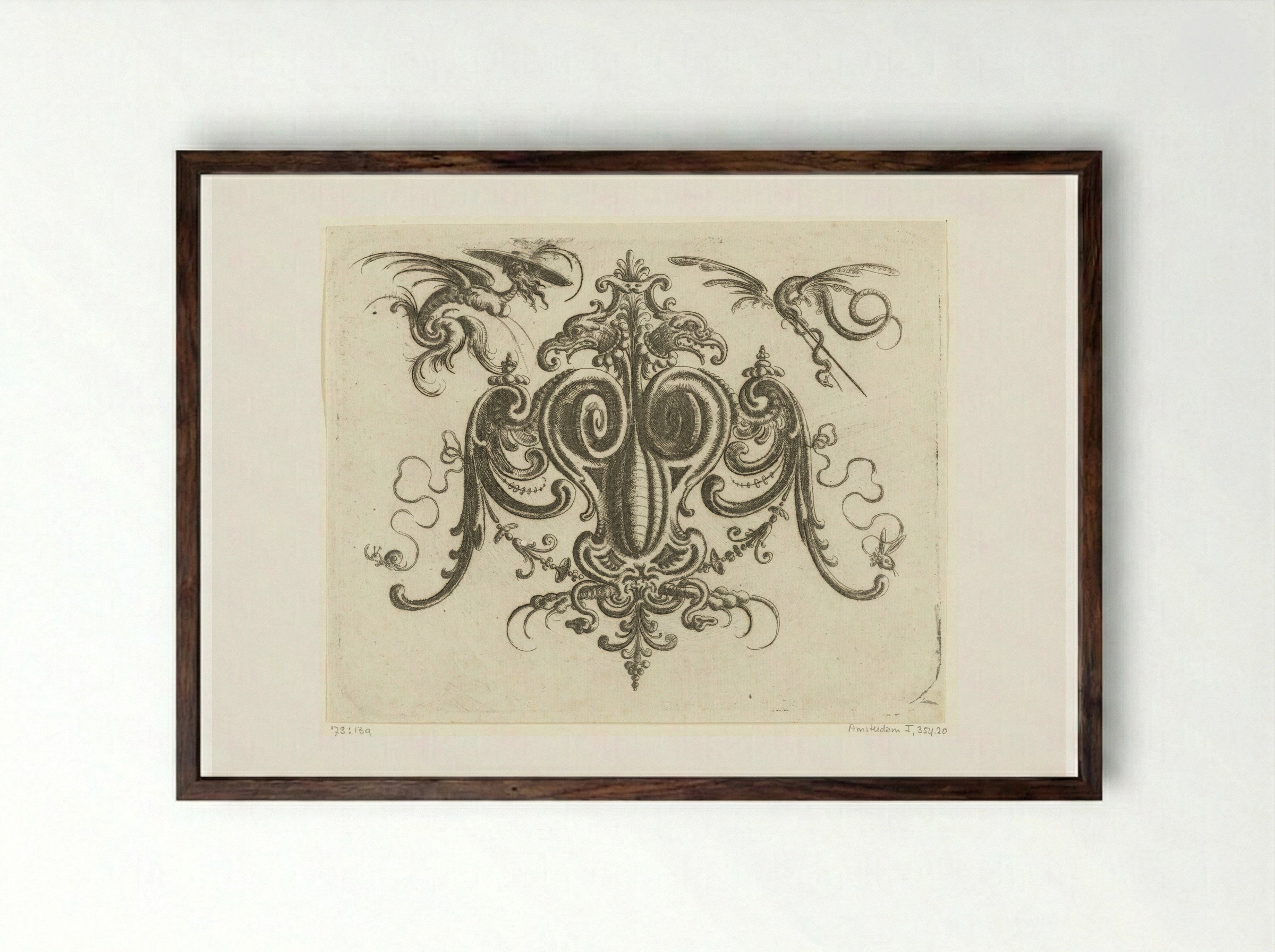 Volutes with Wings, Crowned by a Double-Headed Eagle - Christoph Jamnitzer - Framed Print Dark Wood