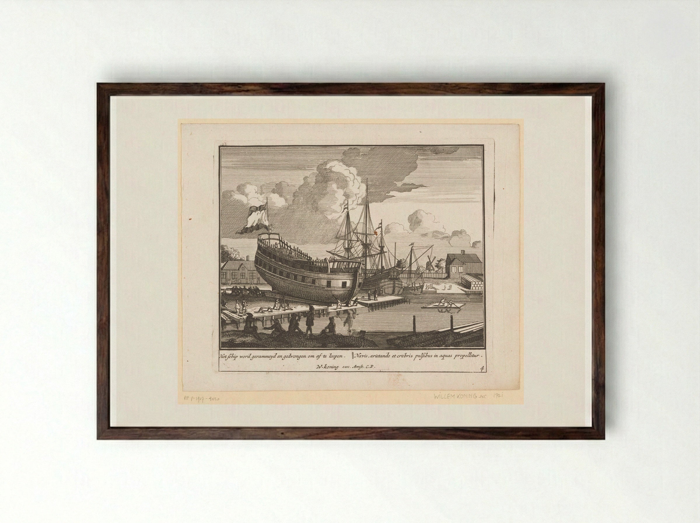 Voorbereidingen voor het te water laten - Pieter van den Berge - Framed Print Dark Wood