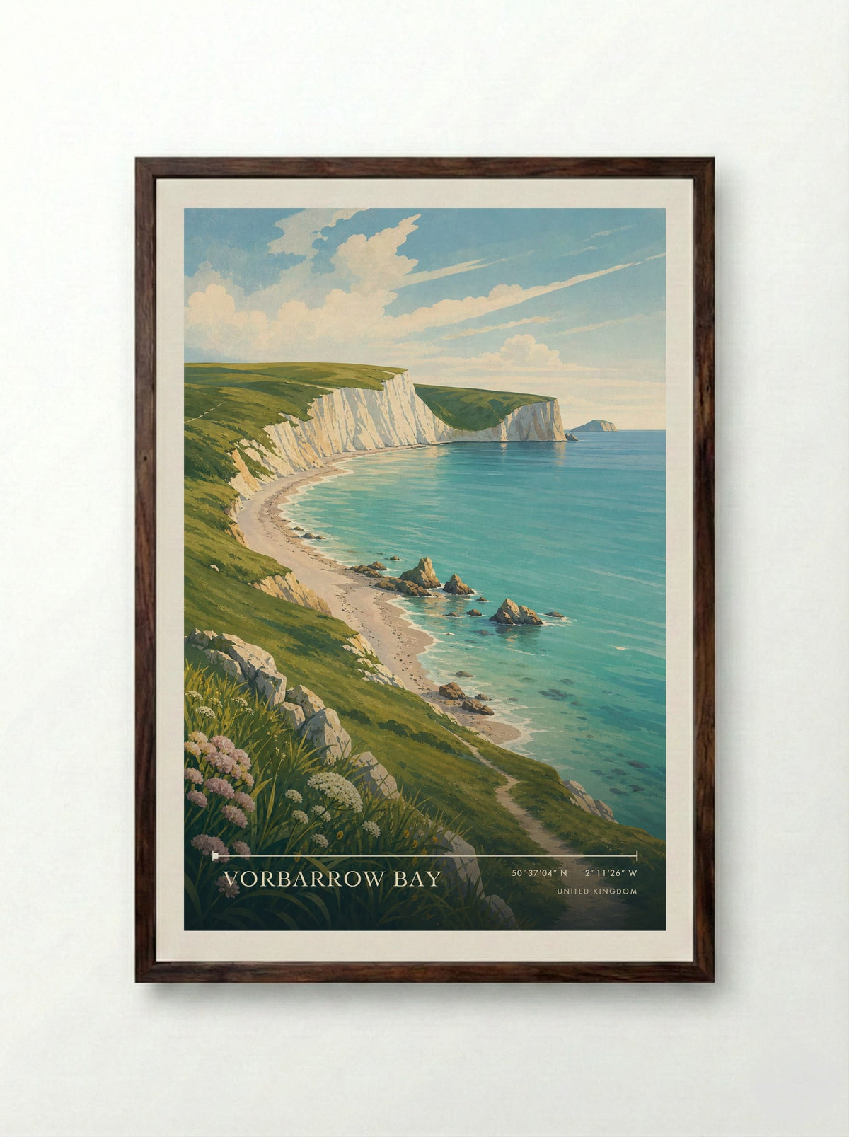 Vorbarrow Bay United Kingdom Travel Poster - Framed Print Dark Wood