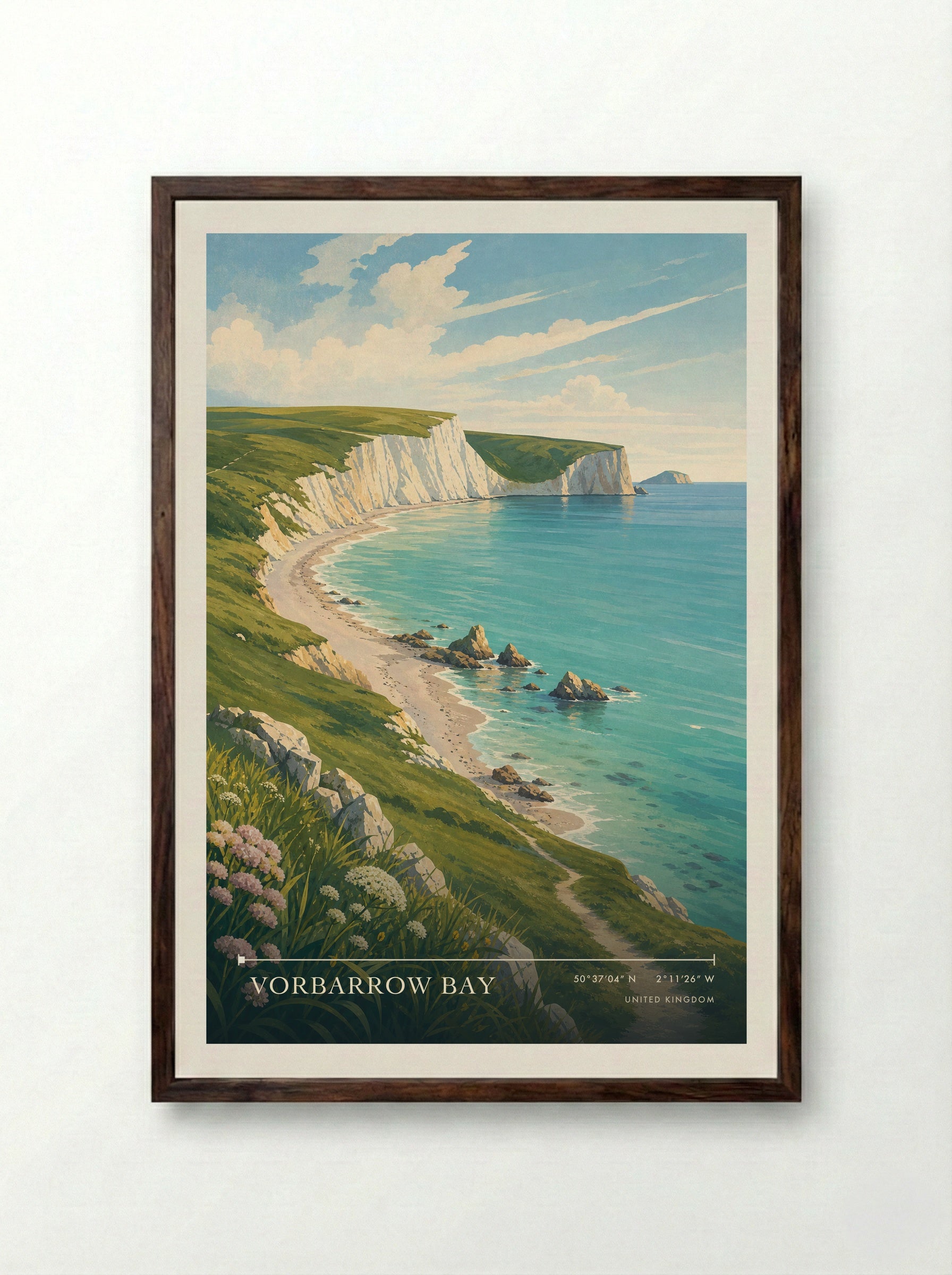 Vorbarrow Bay United Kingdom Travel Poster - Framed Print Dark Wood