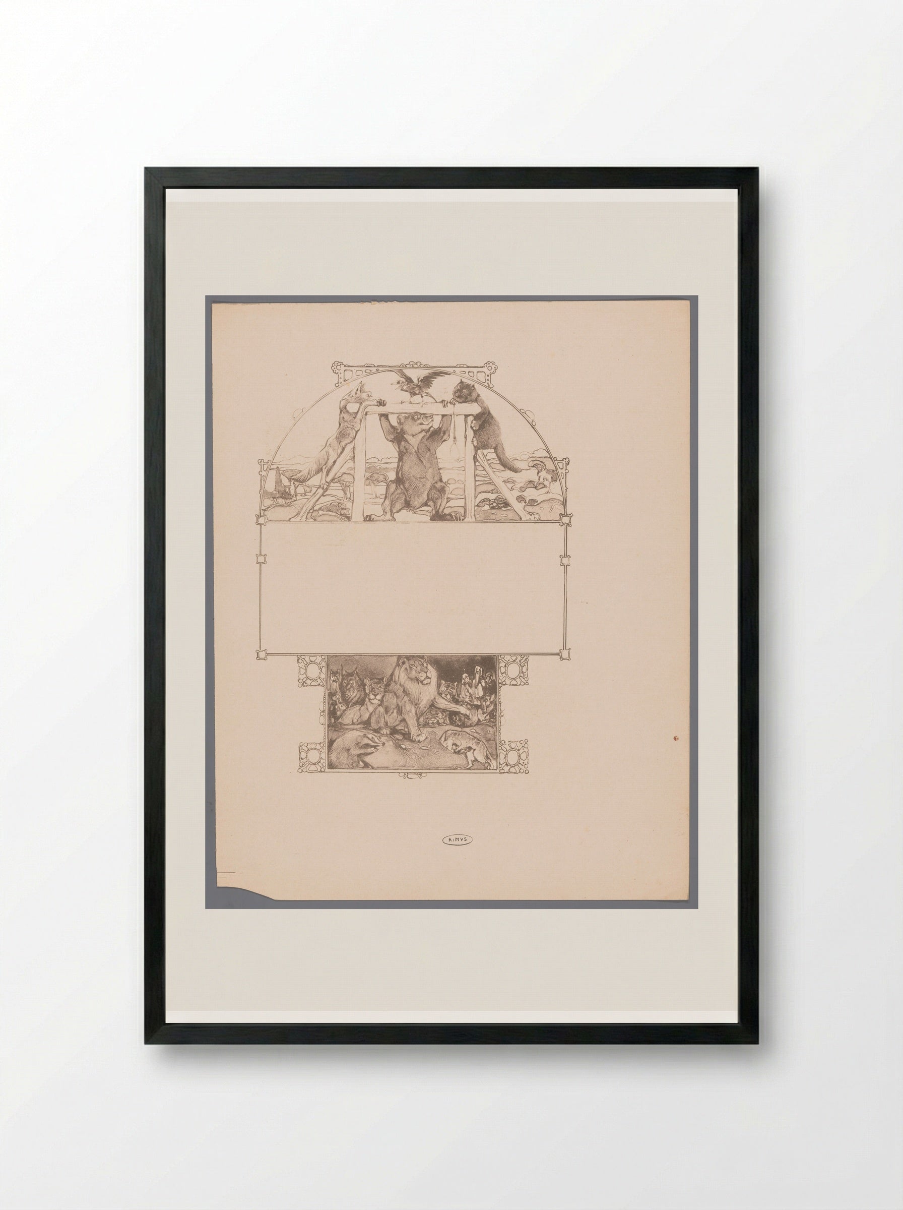 Vos (Reinaert), beer (Bruun), kat (Tybeert) en raaf (Tiecelijn) bij galg - Bernard Willem Wierink - Framed Print Black