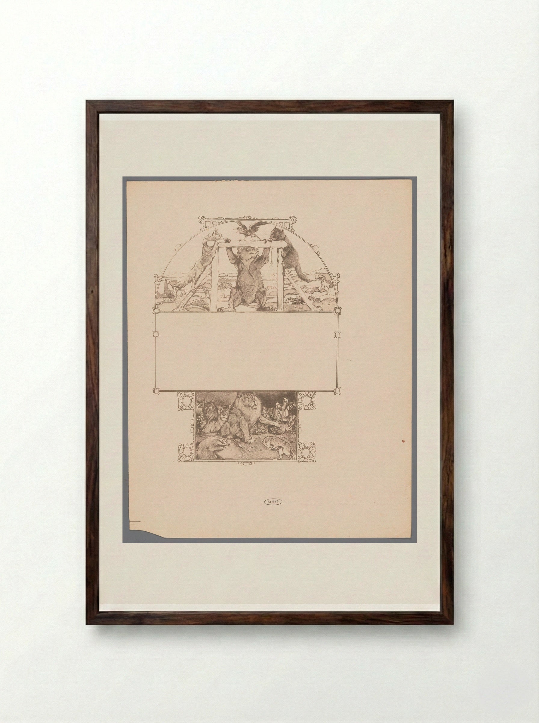 Vos (Reinaert), beer (Bruun), kat (Tybeert) en raaf (Tiecelijn) bij galg - Bernard Willem Wierink - Framed Print Dark Wood