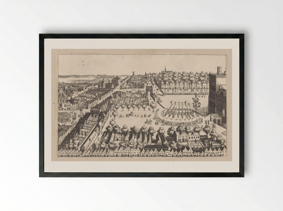 Vreugdevuren te Den Haag na de afkondiging van het bestand, 1609 - Simon Frisius - Framed Print Black