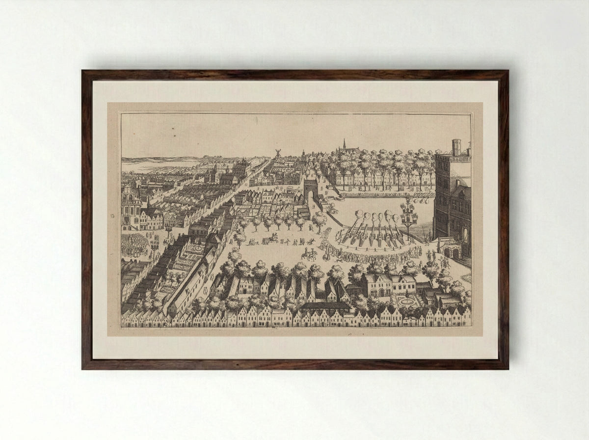 Vreugdevuren te Den Haag na de afkondiging van het bestand, 1609 - Simon Frisius - Framed Print Dark Wood