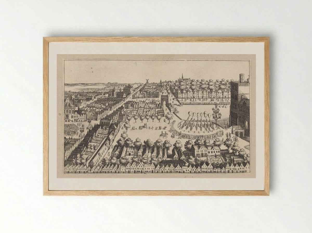Vreugdevuren te Den Haag na de afkondiging van het bestand, 1609 - Simon Frisius - Framed Print Wood