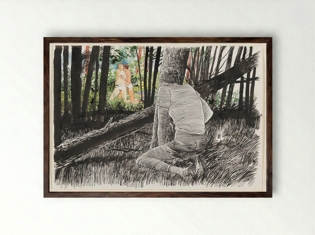 Vrijend paar in bos - Peter van Straaten - Framed Print Dark Wood