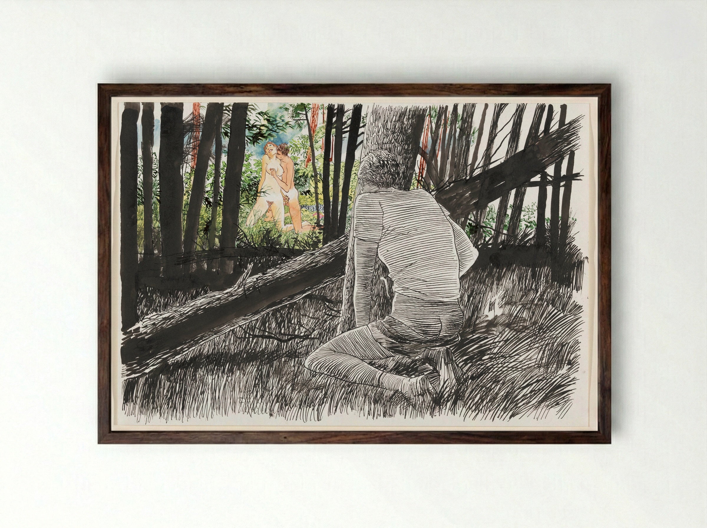 Vrijend paar in bos - Peter van Straaten - Framed Print Dark Wood