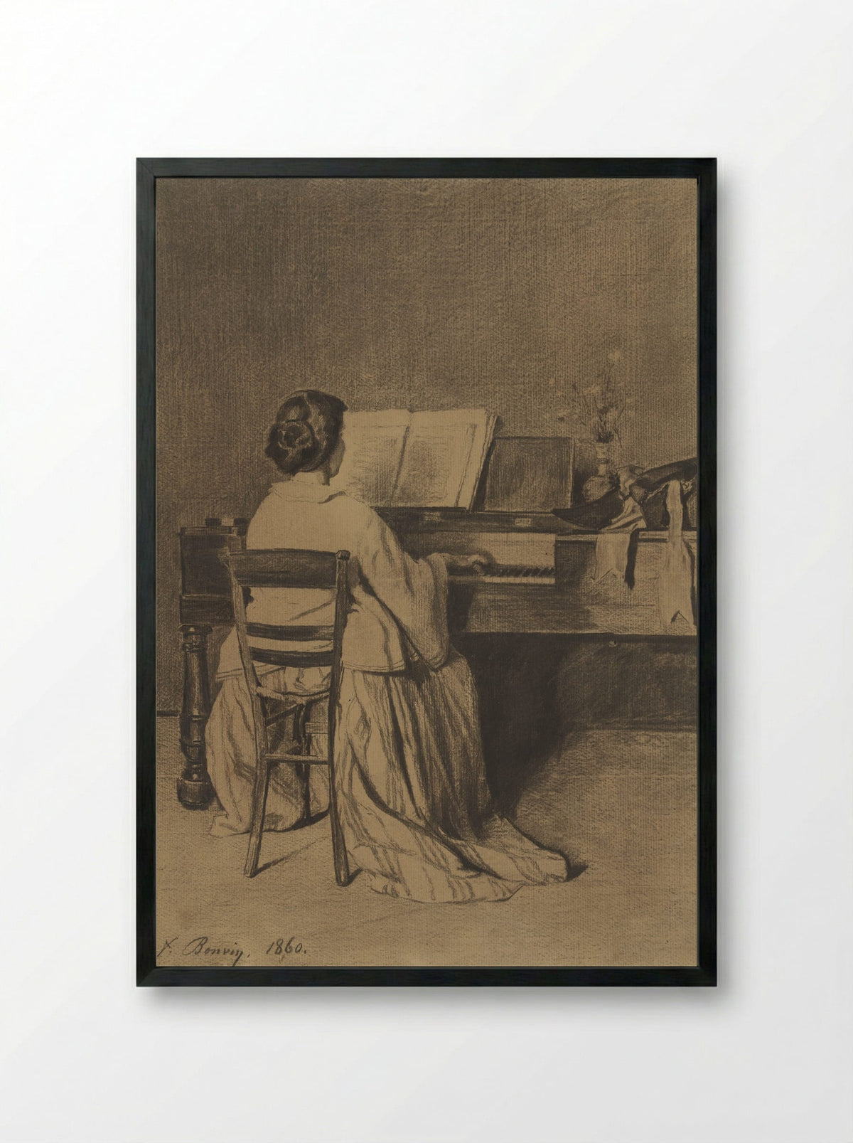 Vrouw aan de piano, op de rug gezien - François Bonvin - Framed Print Black