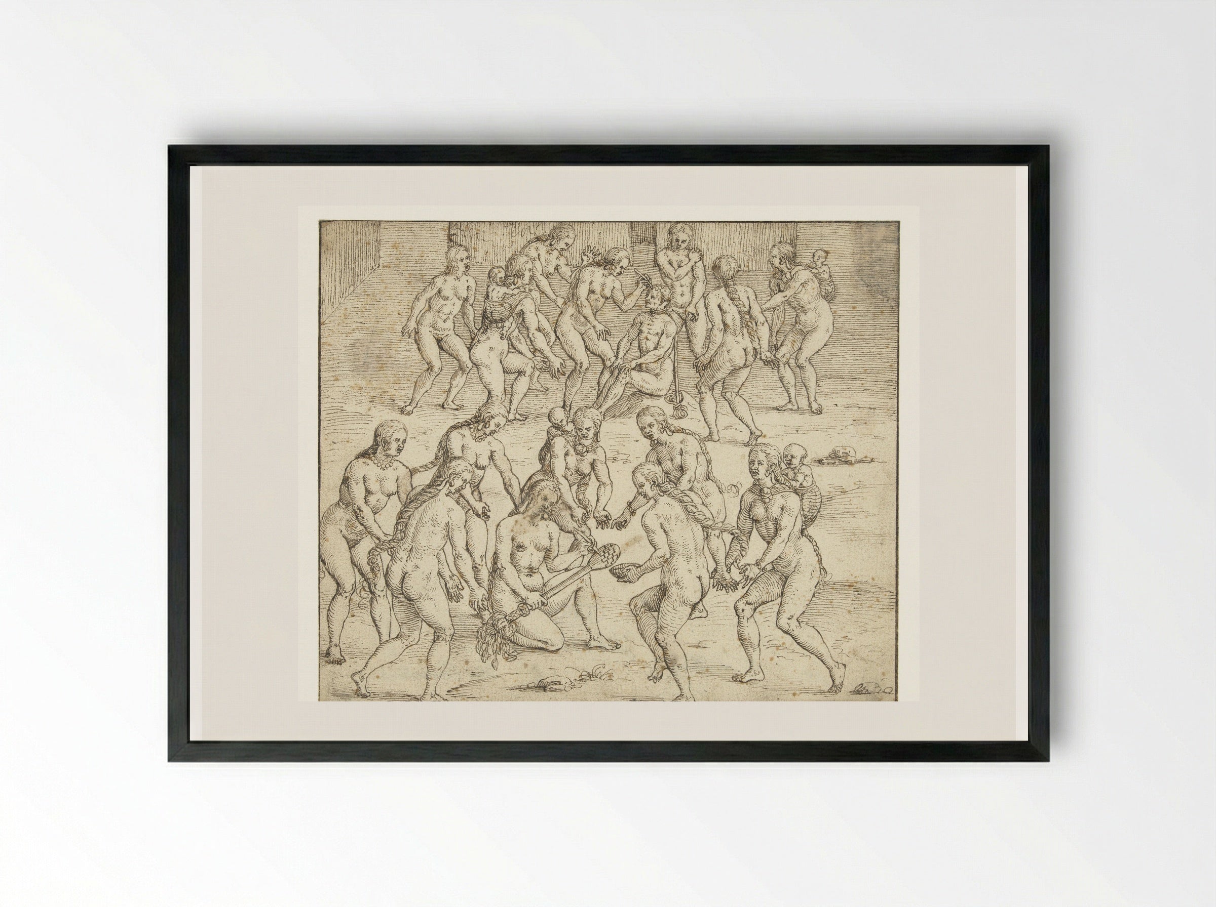 Vrouw bereidt de doding van een gevangene voor - Theodor de Bry - Framed Print Black