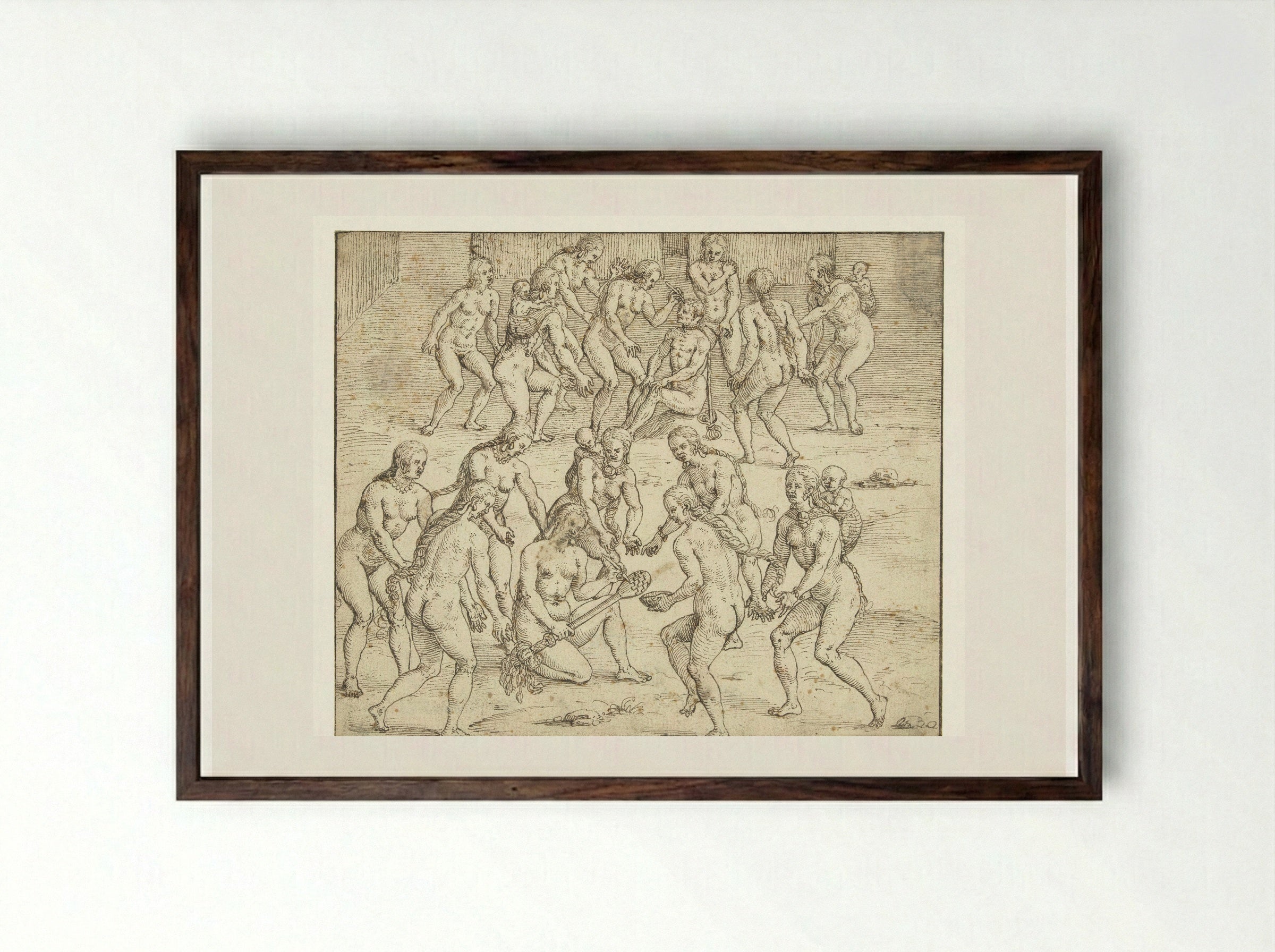 Vrouw bereidt de doding van een gevangene voor - Theodor de Bry - Framed Print Dark Wood