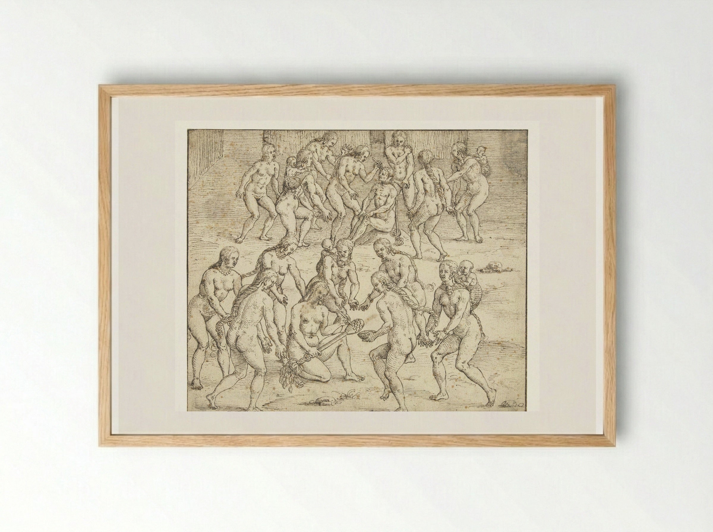 Vrouw bereidt de doding van een gevangene voor - Theodor de Bry - Framed Print Wood