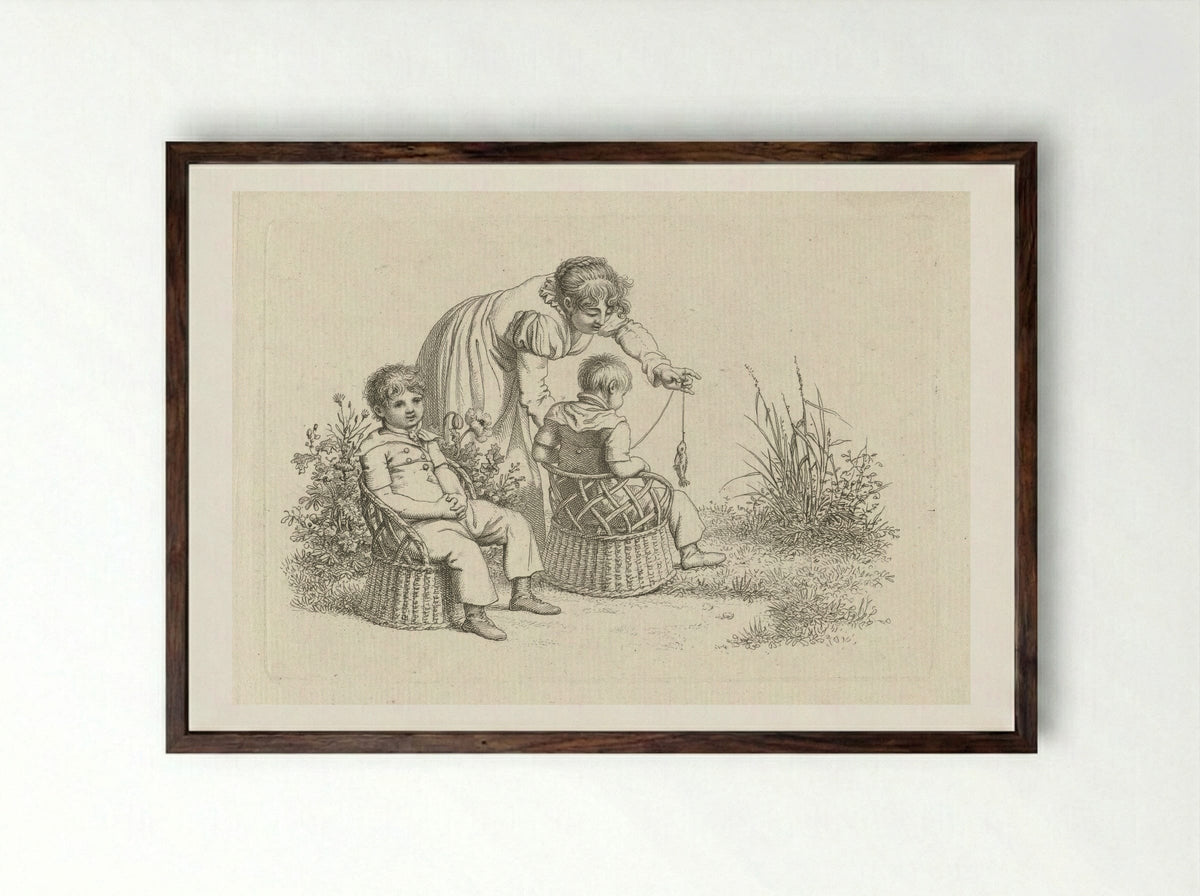 Vrouw bij twee kinderen in stoeltjes - Jacob Ernst Marcus - Framed Print Dark Wood