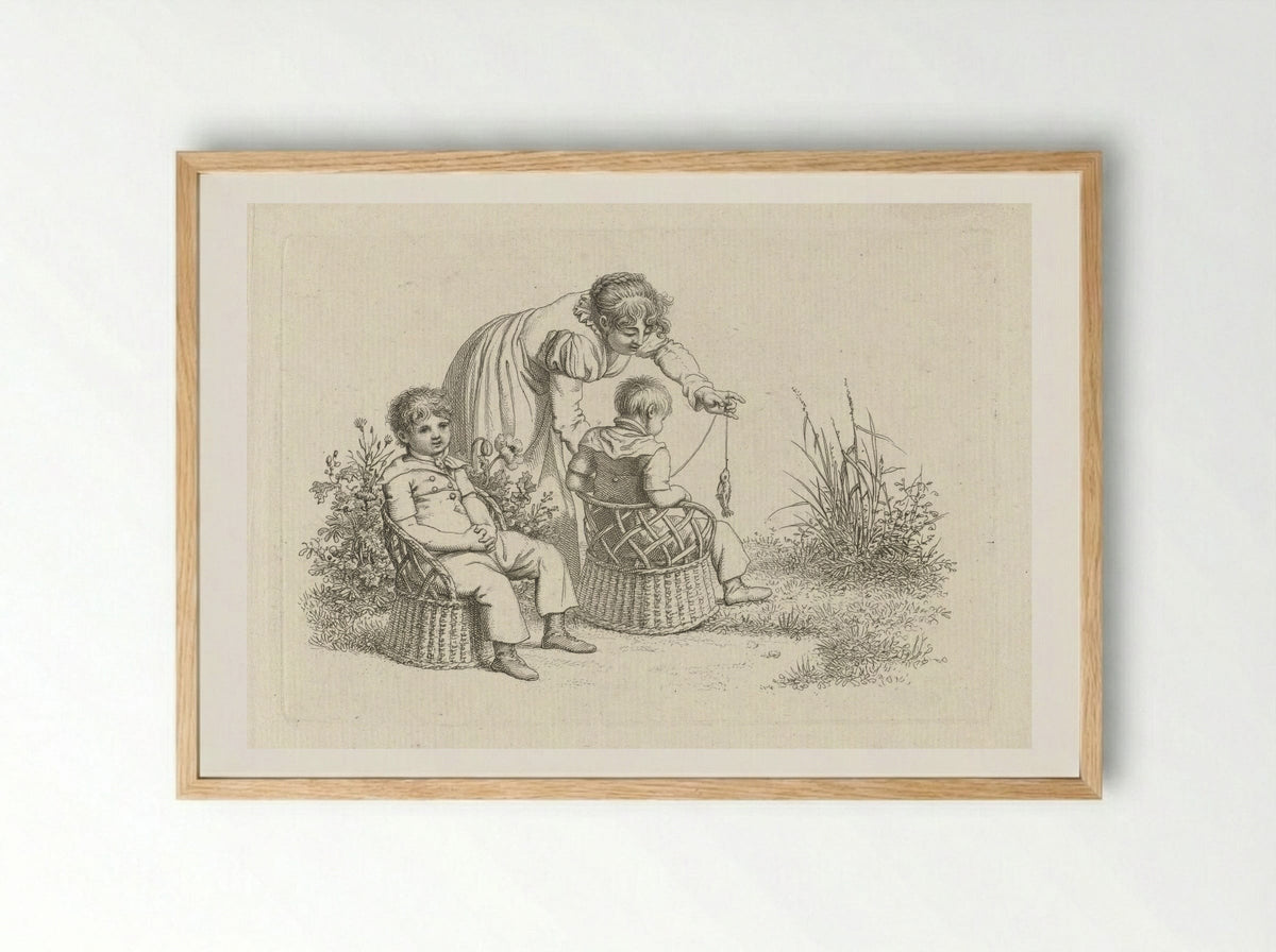 Vrouw bij twee kinderen in stoeltjes - Jacob Ernst Marcus - Framed Print Wood