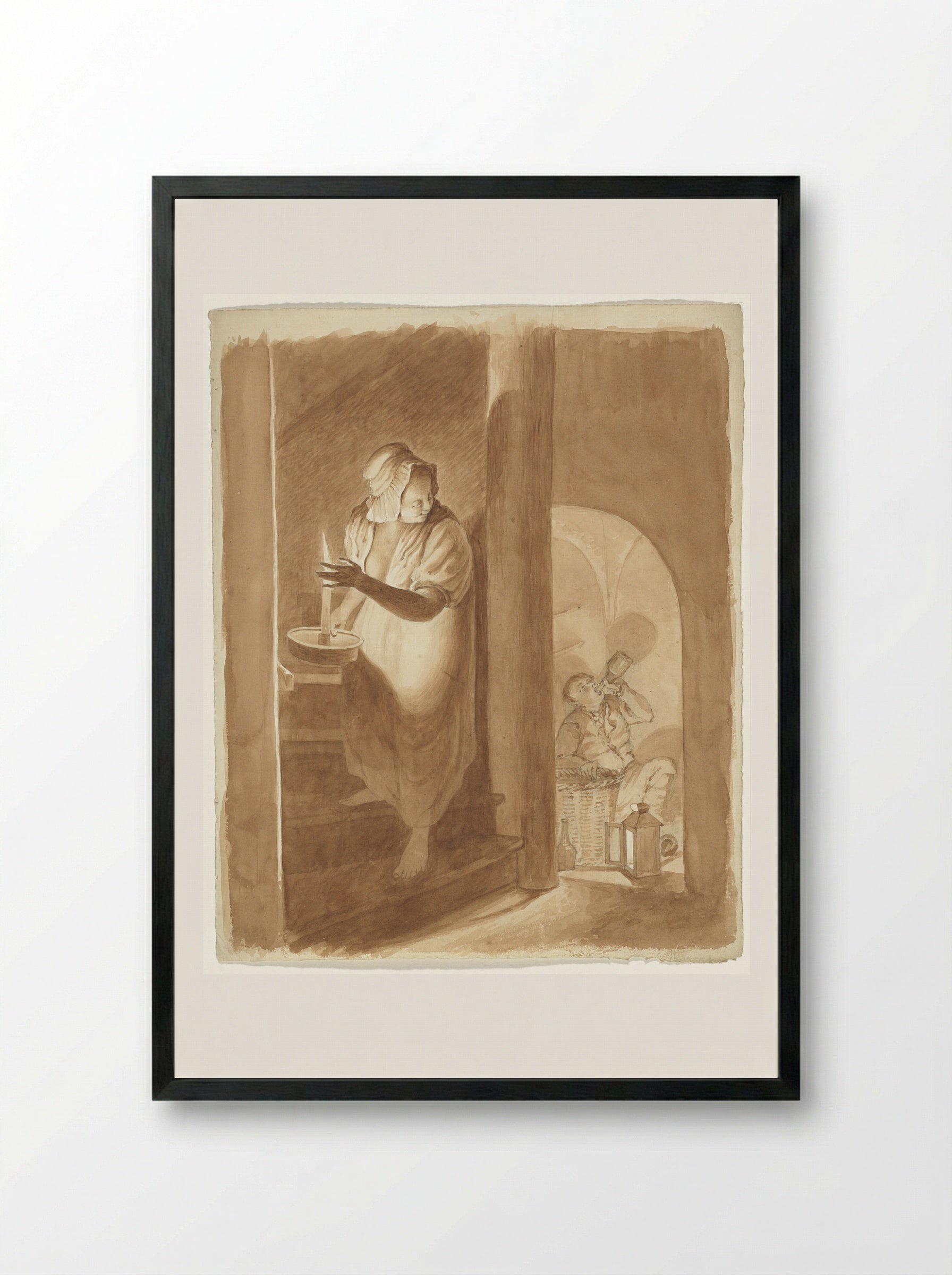 Vrouw die een drinkende man bespiedt - Pieter van Loon - Framed Print Black