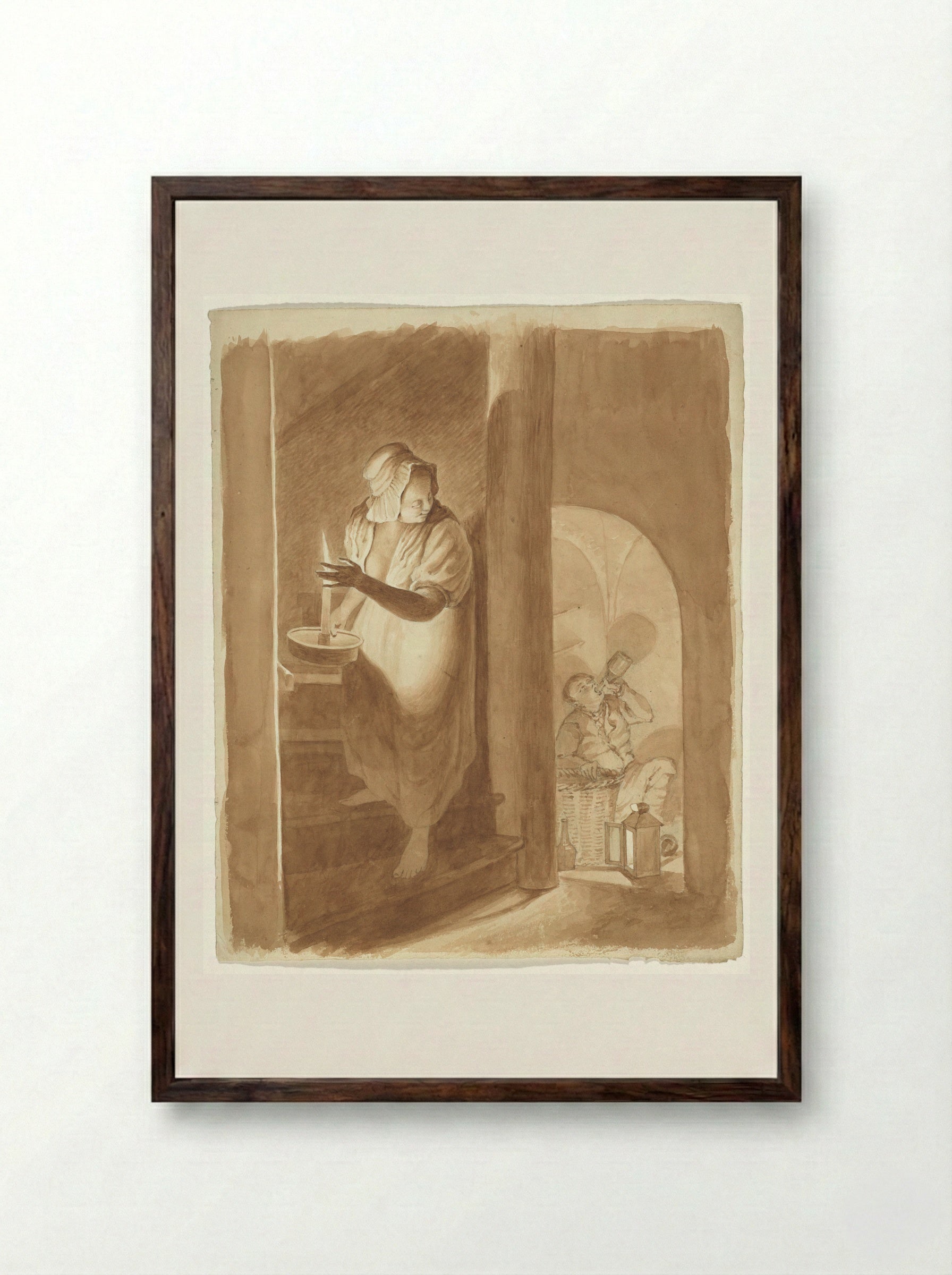 Vrouw die een drinkende man bespiedt - Pieter van Loon - Framed Print Dark Wood