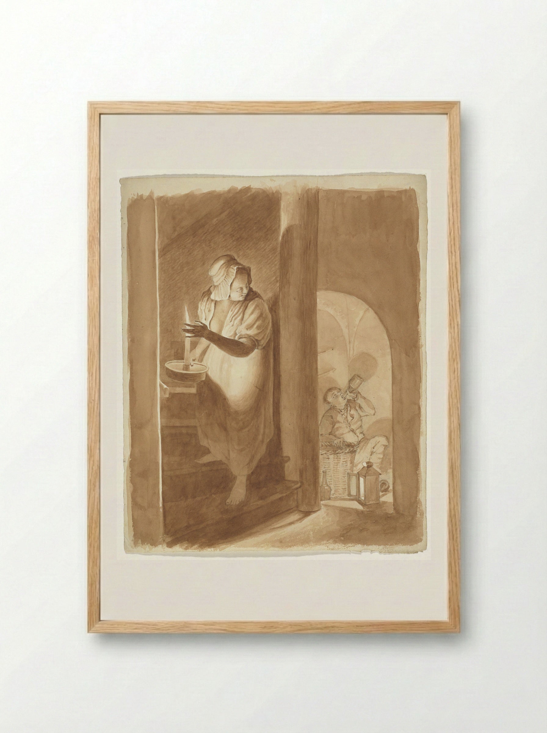 Vrouw die een drinkende man bespiedt - Pieter van Loon - Framed Print Wood