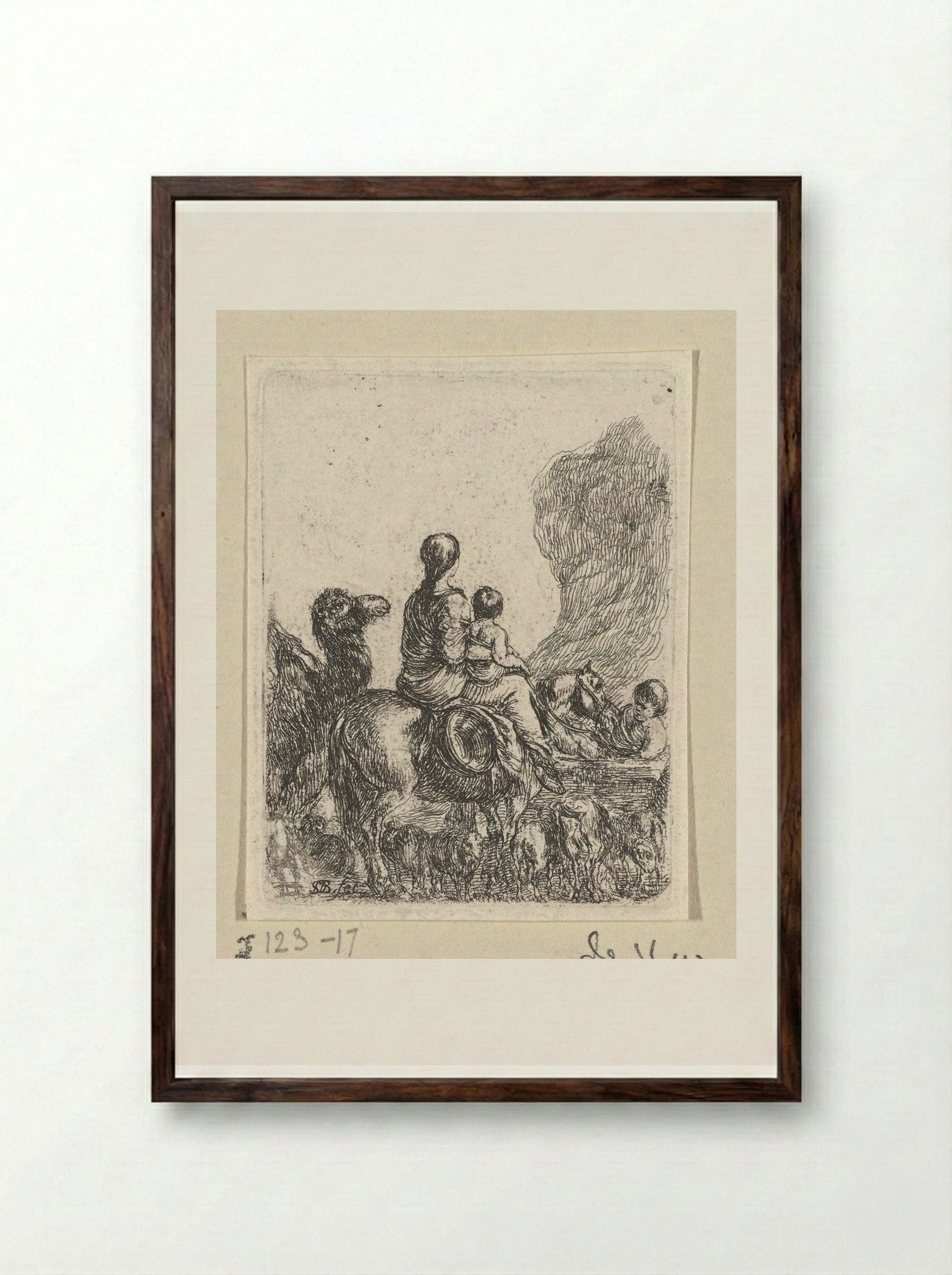 Vrouw en kind te paard, op de rug gezien - Jacques van Merlen - Framed Print Dark Wood