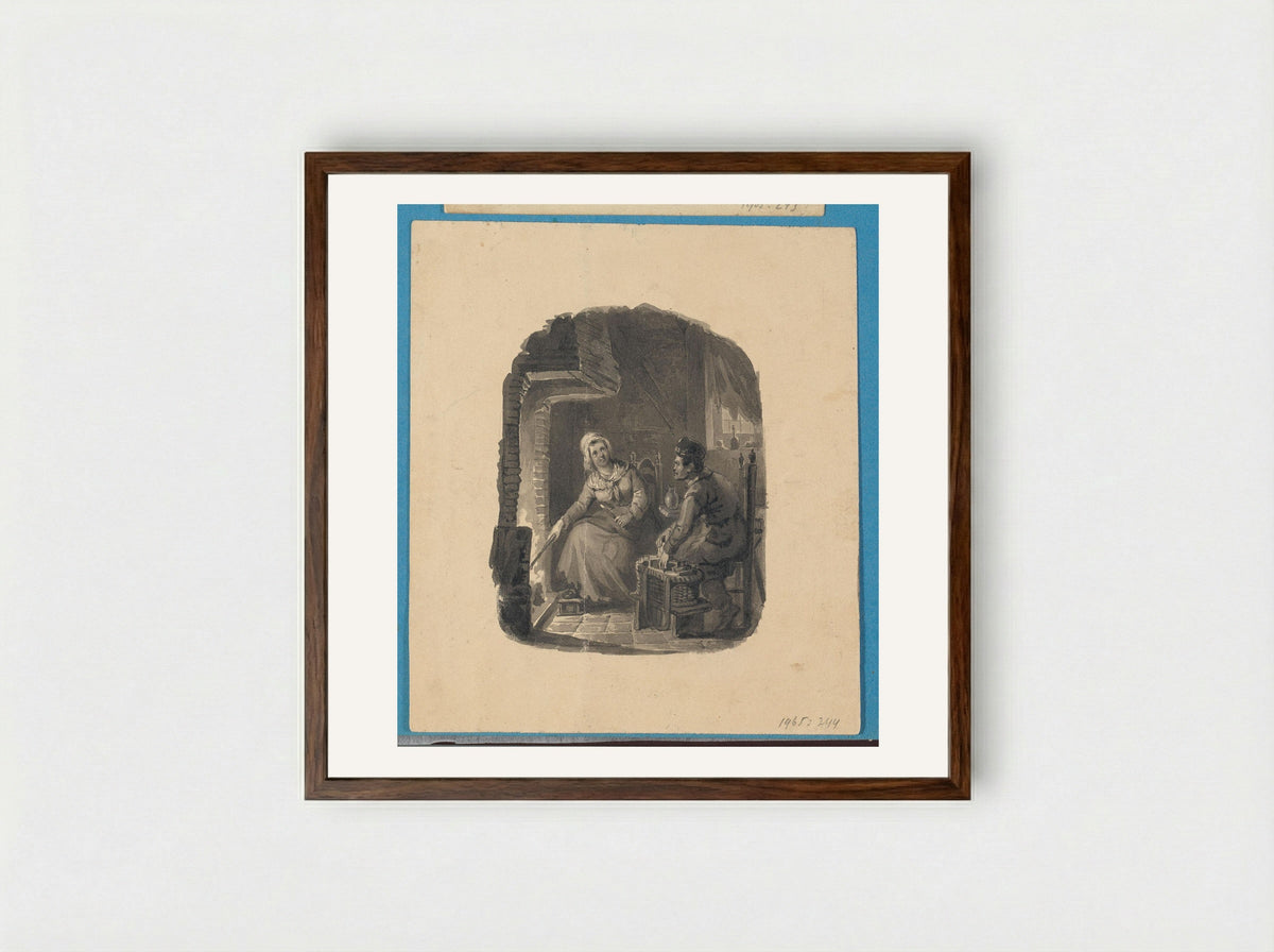 Vrouw en man bij een haardvuur - Johann Wilhelm Kaiser - Framed Print Dark Wood