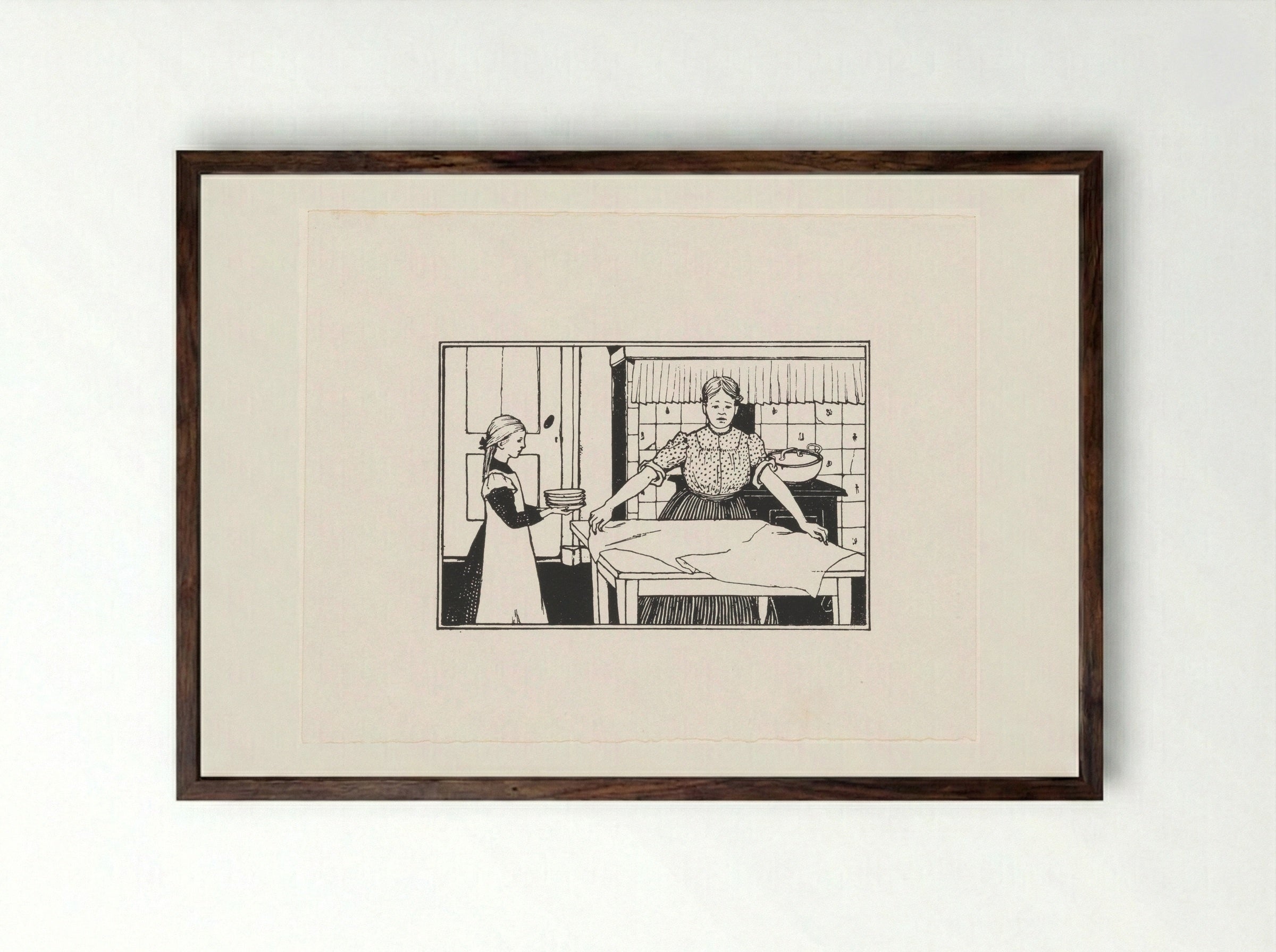 Vrouw en meisje dekken een tafel - Julie de Graag - Framed Print Dark Wood