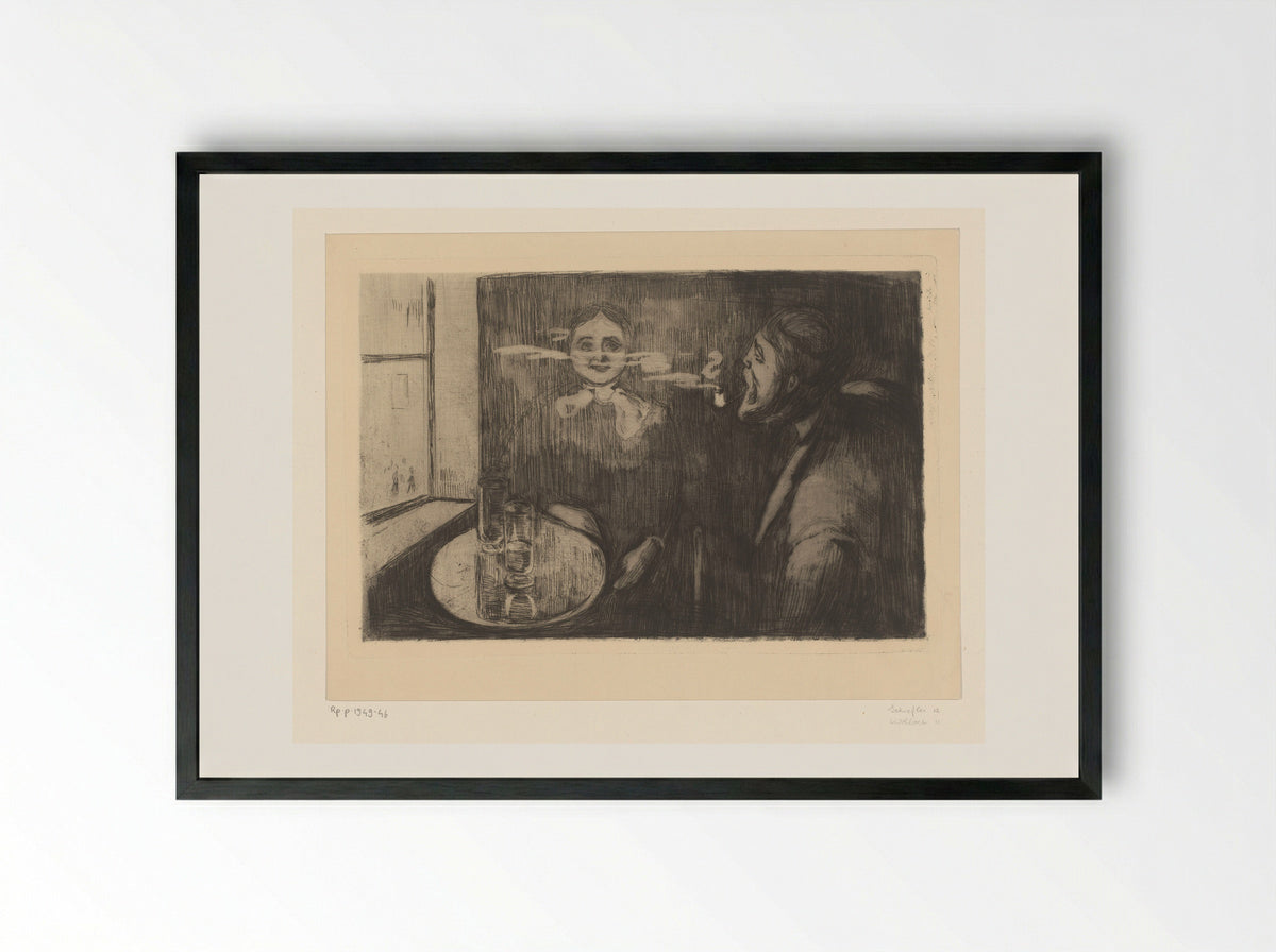 Vrouw en pijprokende man aan een tafel - Edvard Munch - Framed Print Black
